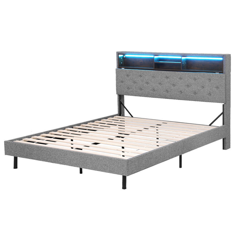Artiss Bed Frame Queen Size LED Mattress Base Platform with Storage Shelf Hidden Storage Box Grey - Homecoze