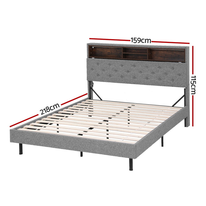 Artiss Bed Frame Queen Size LED Mattress Base Platform with Storage Shelf Hidden Storage Box Grey - Homecoze