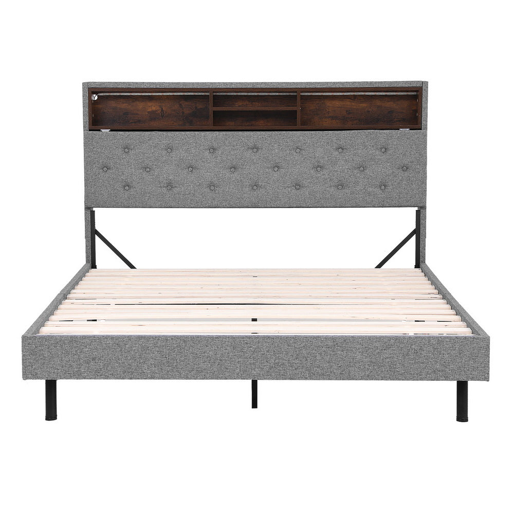 Artiss Bed Frame Queen Size LED Mattress Base Platform with Storage Shelf Hidden Storage Box Grey - Homecoze