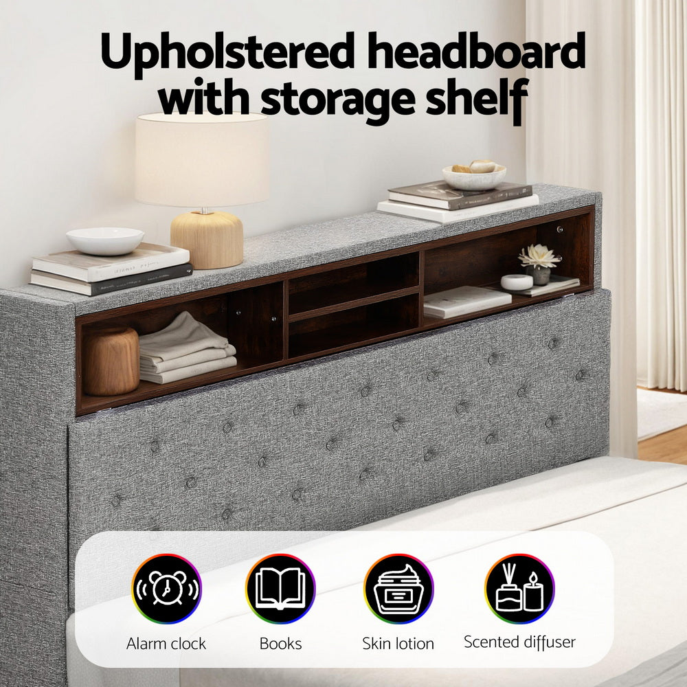 Artiss Bed Frame Queen Size LED Mattress Base Platform with Storage Shelf Hidden Storage Box Grey - Homecoze