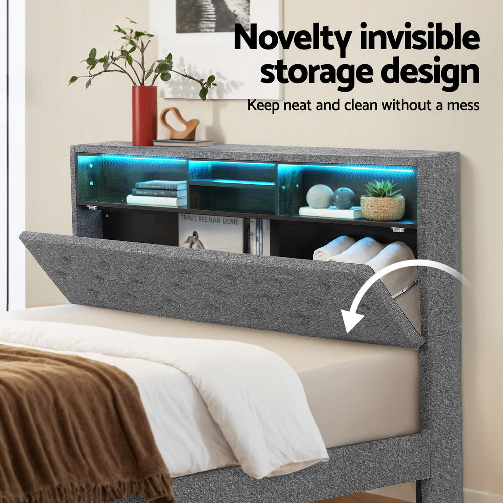 Artiss Bed Frame Queen Size LED Mattress Base Platform with Storage Shelf Hidden Storage Box Grey - Homecoze