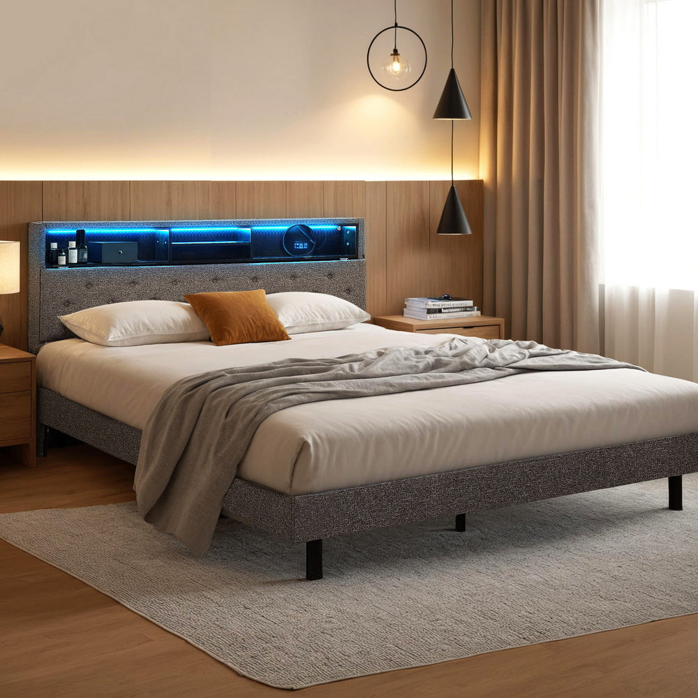 Artiss Bed Frame Queen Size LED Mattress Base Platform with Storage Shelf Hidden Storage Box Grey - Homecoze