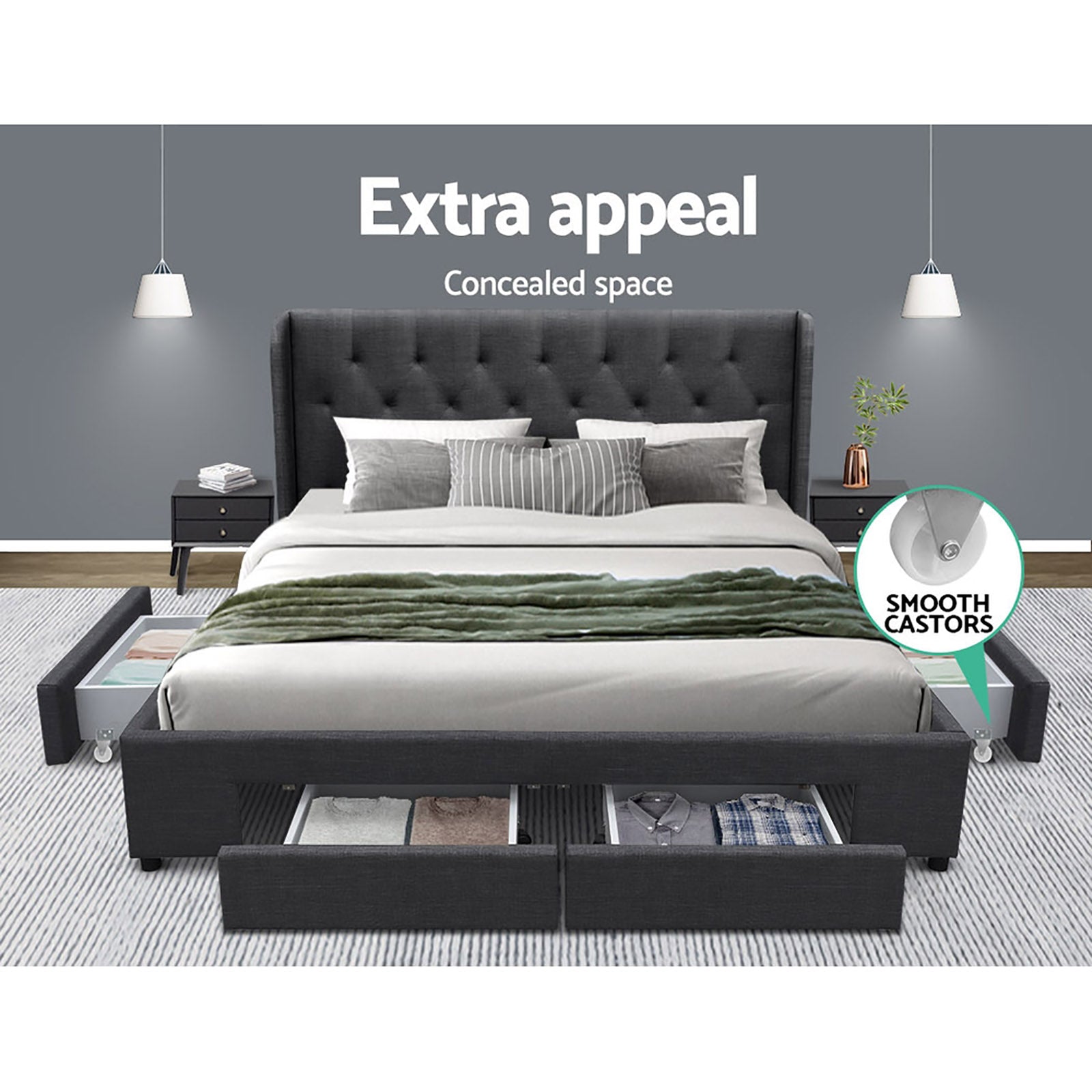 Orlando (King) Storage Bed Frame | Fabric - Charcoal - Homecoze