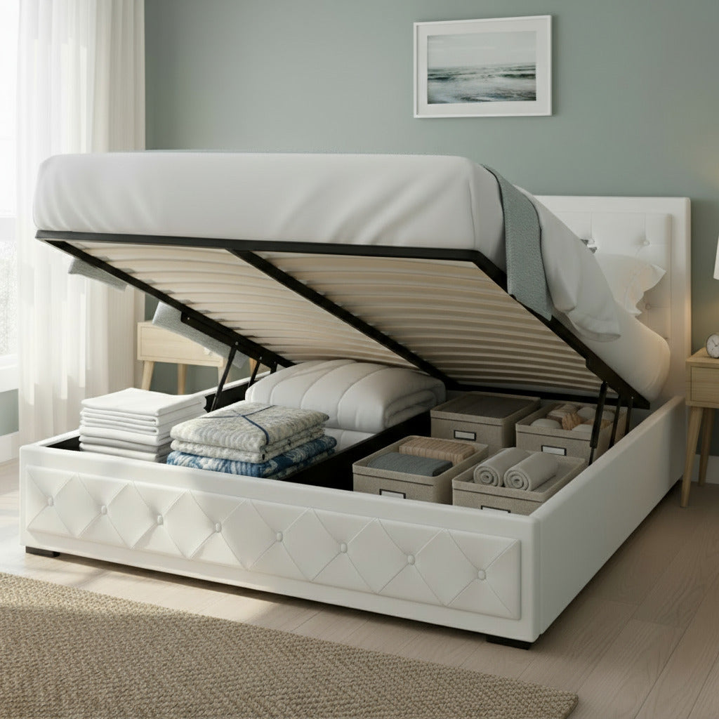 Camden (King) Gas-Lift Storage Bed Frame - White - Homecoze
