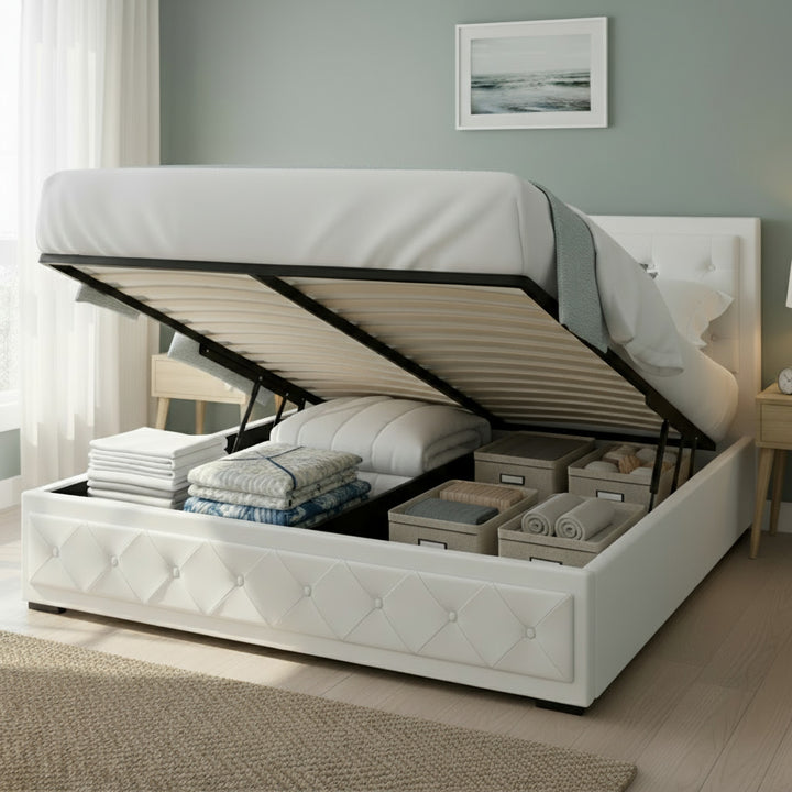Camden (Queen) Gas-Lift Storage Bed Frame - White - Homecoze