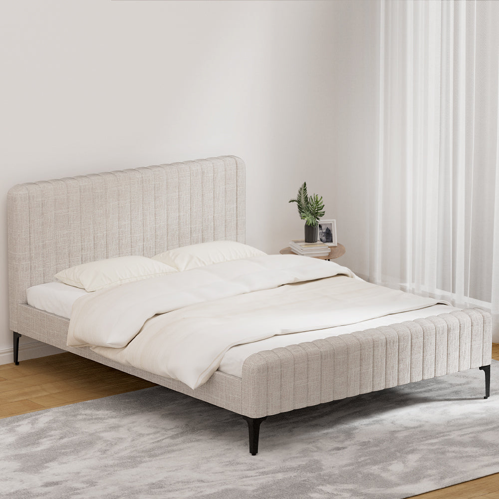 Geneva (Queen) Faux Linen Bed Frame - Beige - Homecoze