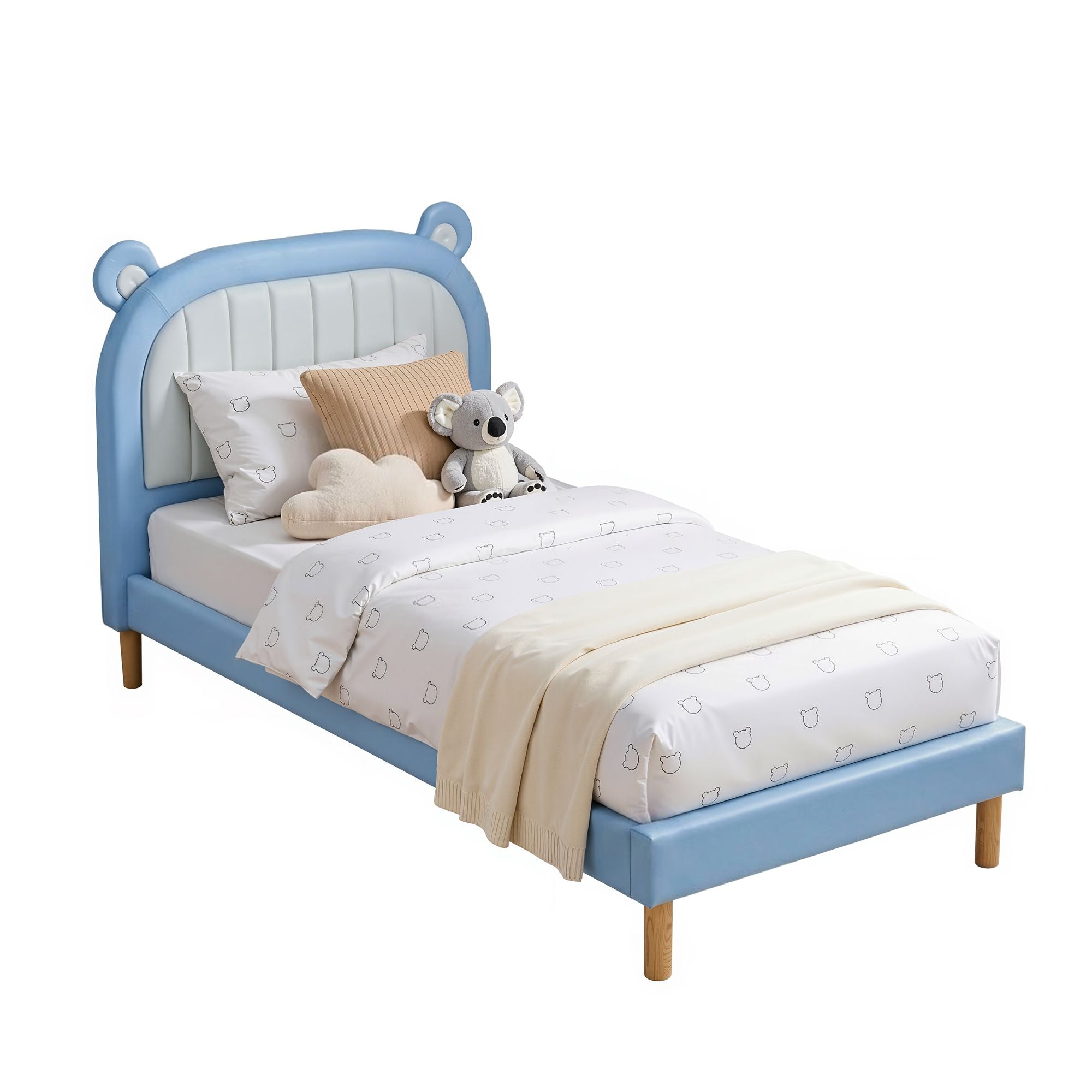 Artiss Kids King Single Bed Frame Upholstered Bear Headboard Waterproof Leather Boys Bed 180kg Capacity Blue and White - Homecoze