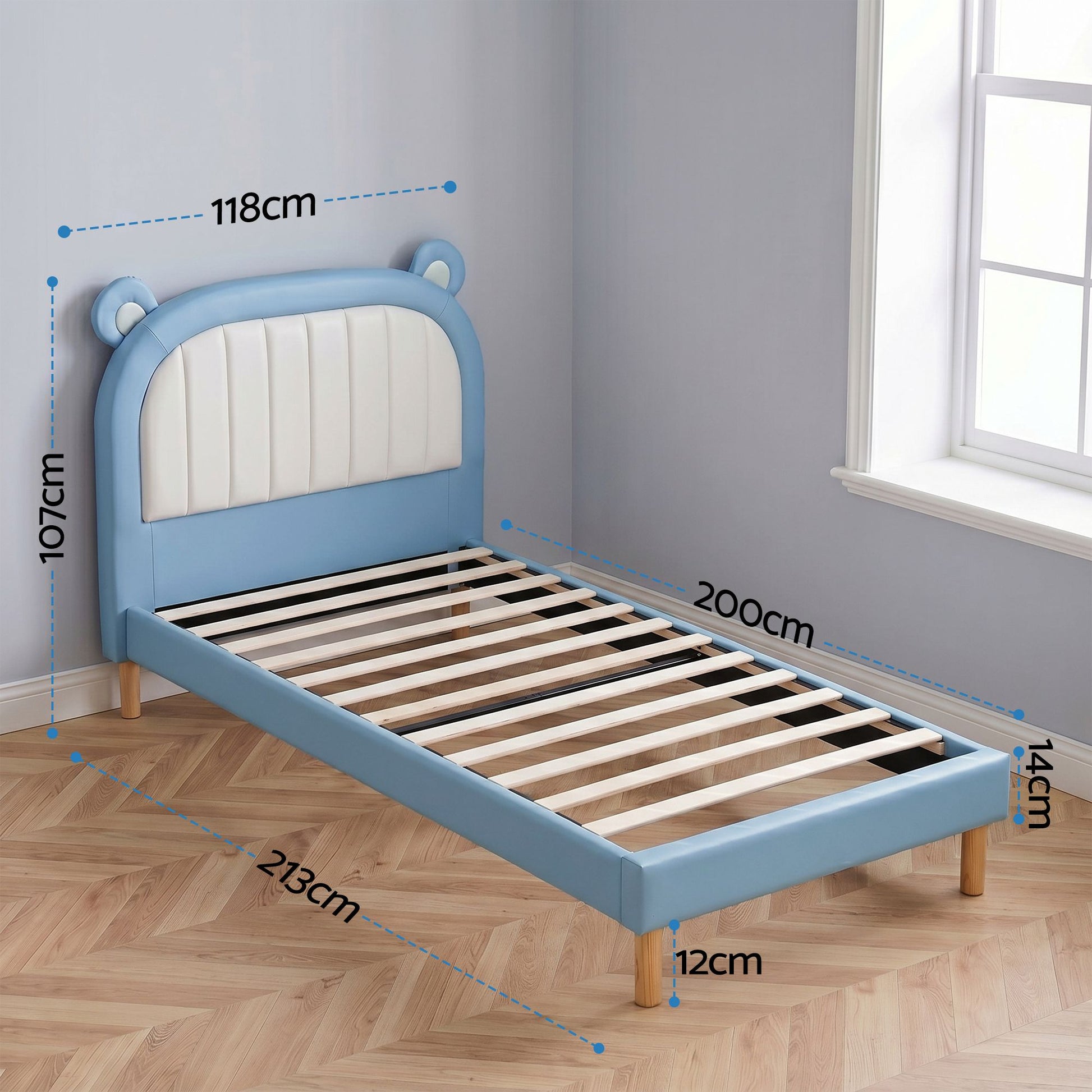 Artiss Kids King Single Bed Frame Upholstered Bear Headboard Waterproof Leather Boys Bed 180kg Capacity Blue and White - Homecoze