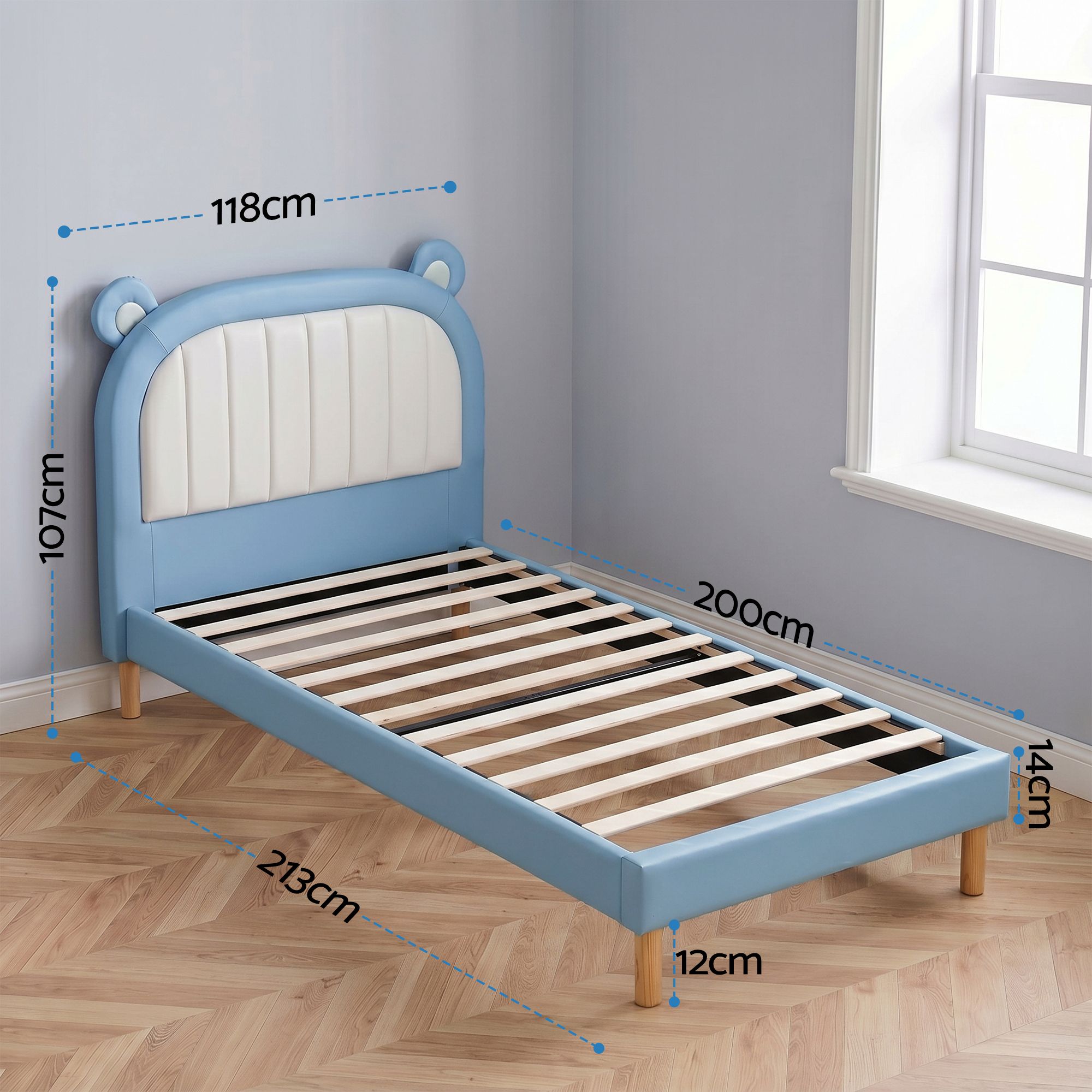Artiss Kids King Single Bed Frame Upholstered Bear Headboard Waterproof Leather Boys Bed 180kg Capacity Blue and White - Homecoze