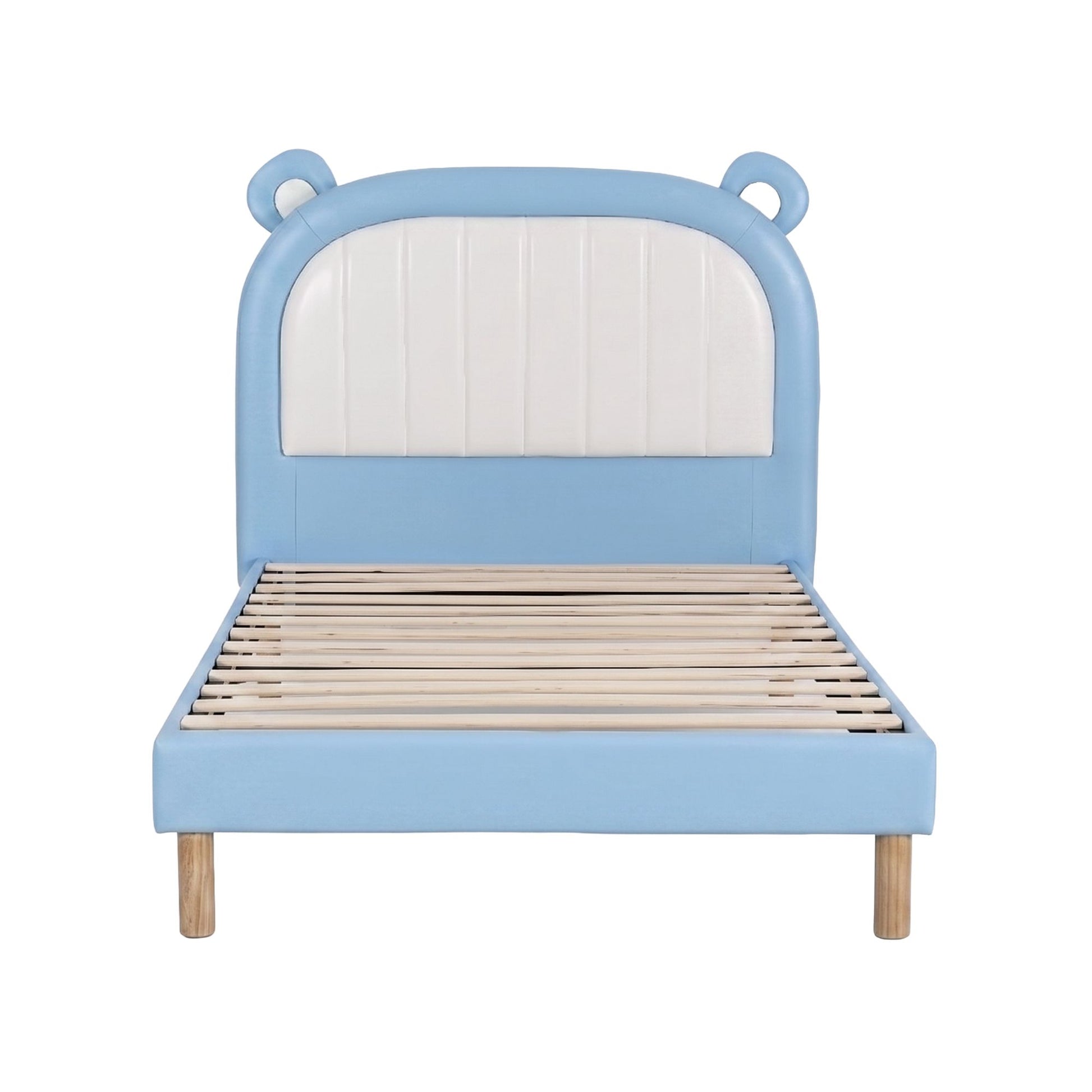 Artiss Kids King Single Bed Frame Upholstered Bear Headboard Waterproof Leather Boys Bed 180kg Capacity Blue and White - Homecoze