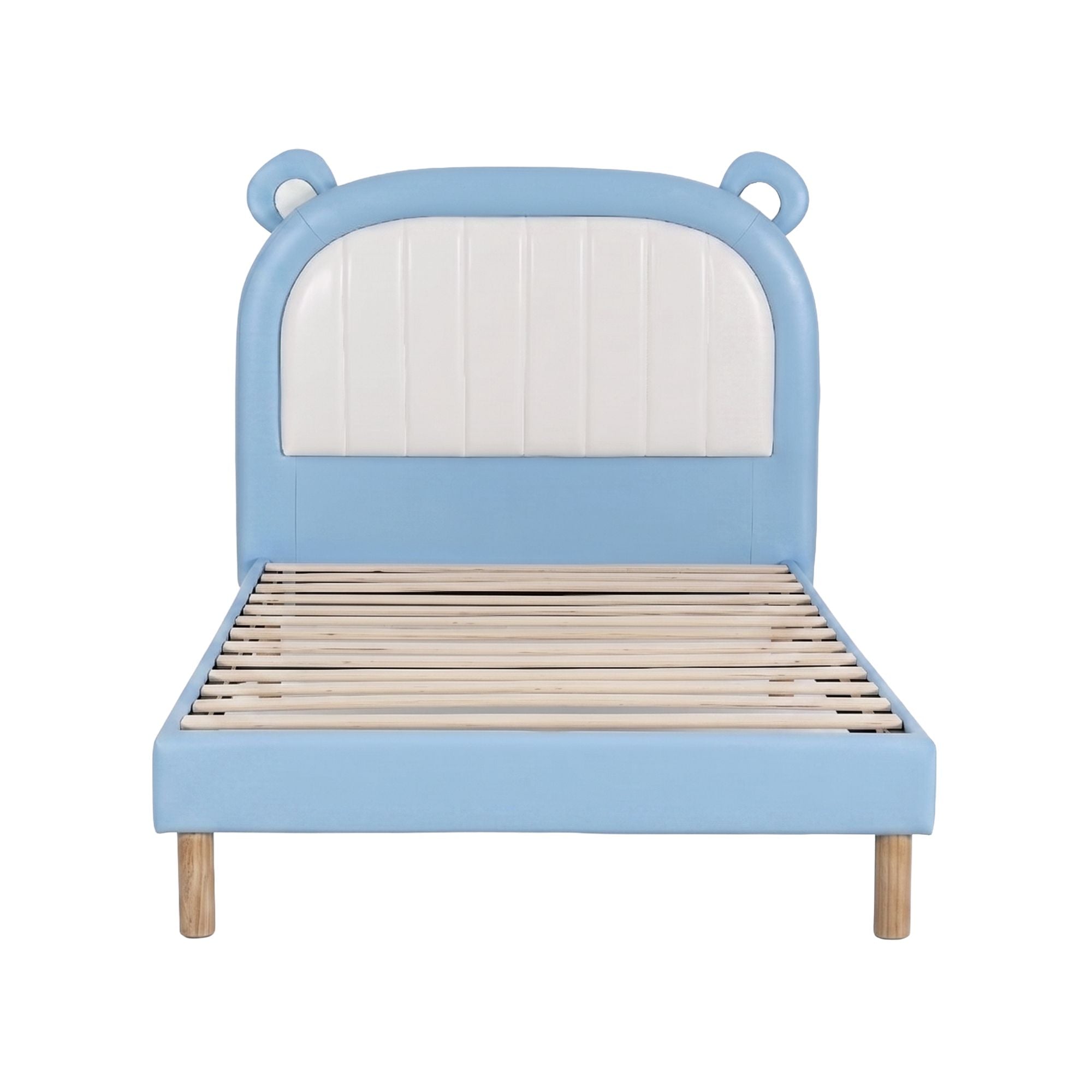 Artiss Kids King Single Bed Frame Upholstered Bear Headboard Waterproof Leather Boys Bed 180kg Capacity Blue and White - Homecoze