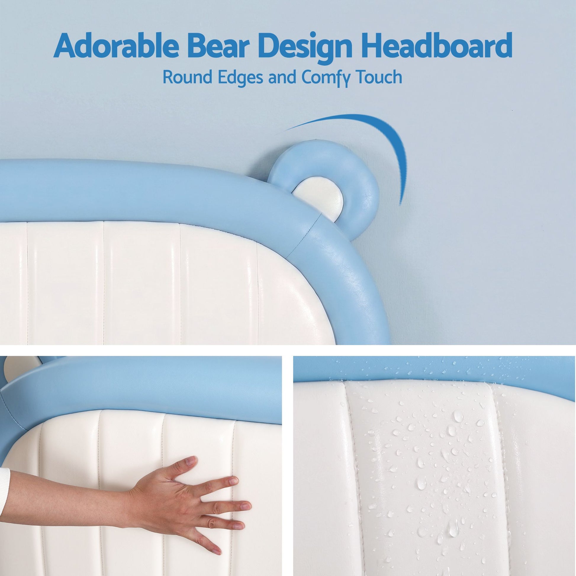 Artiss Kids King Single Bed Frame Upholstered Bear Headboard Waterproof Leather Boys Bed 180kg Capacity Blue and White - Homecoze