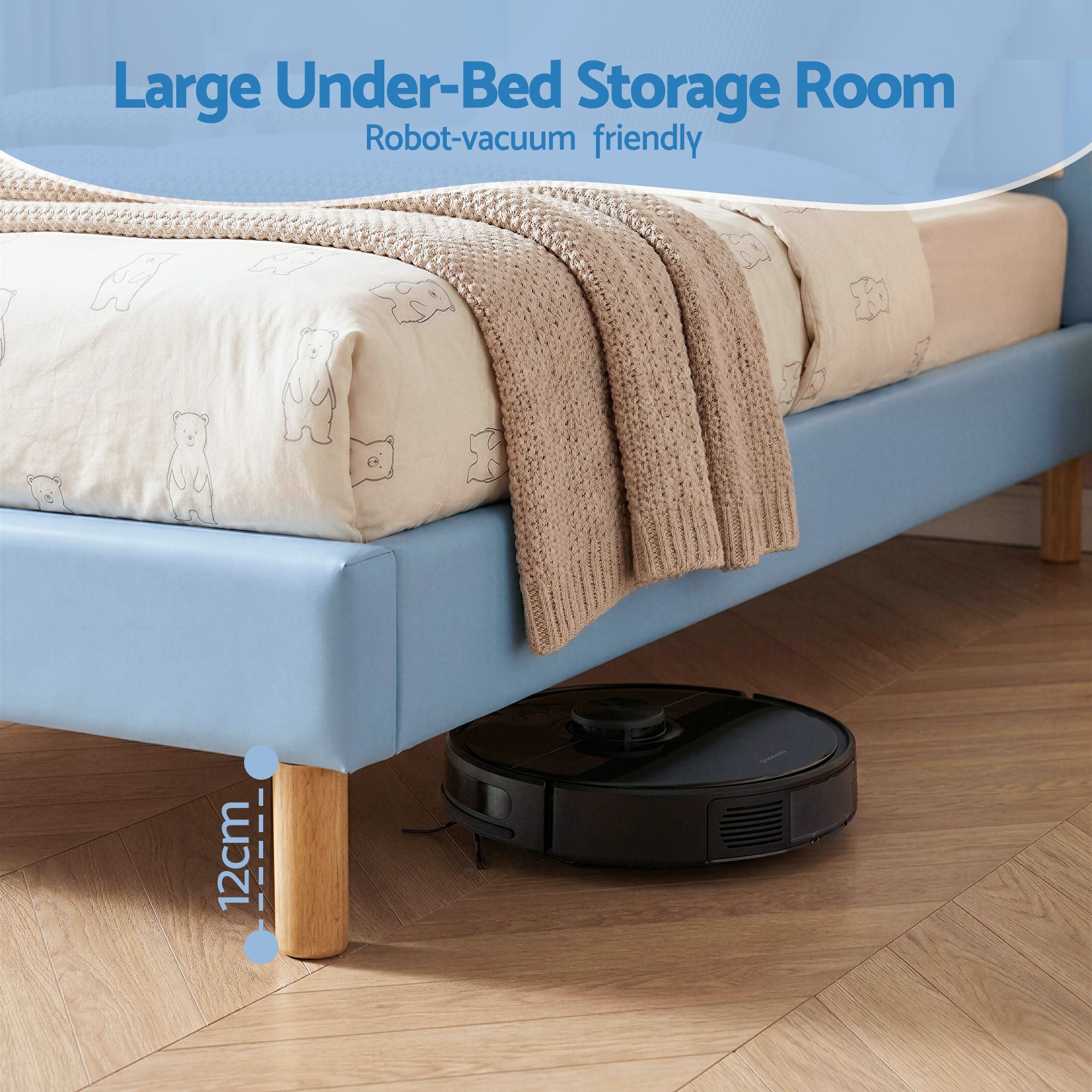 Artiss Kids King Single Bed Frame Upholstered Bear Headboard Waterproof Leather Boys Bed 180kg Capacity Blue and White - Homecoze