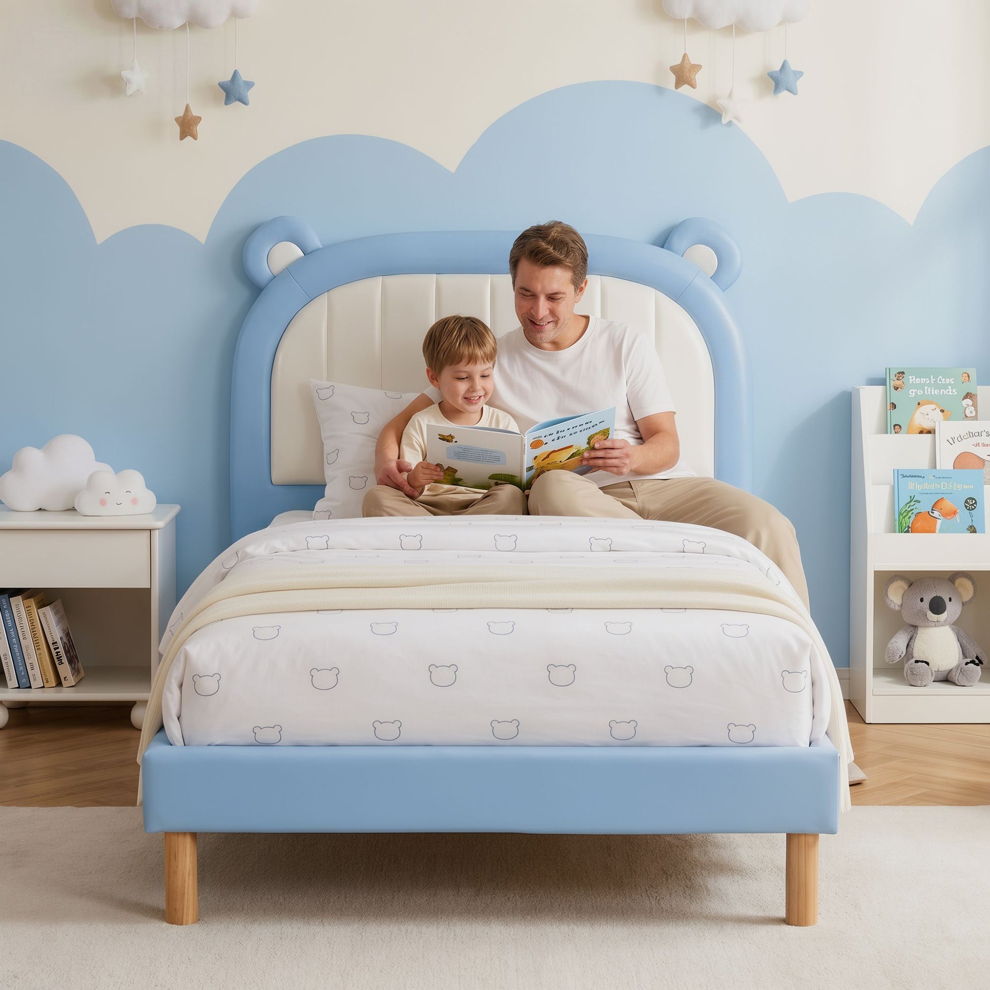 Artiss Kids King Single Bed Frame Upholstered Bear Headboard Waterproof Leather Boys Bed 180kg Capacity Blue and White - Homecoze