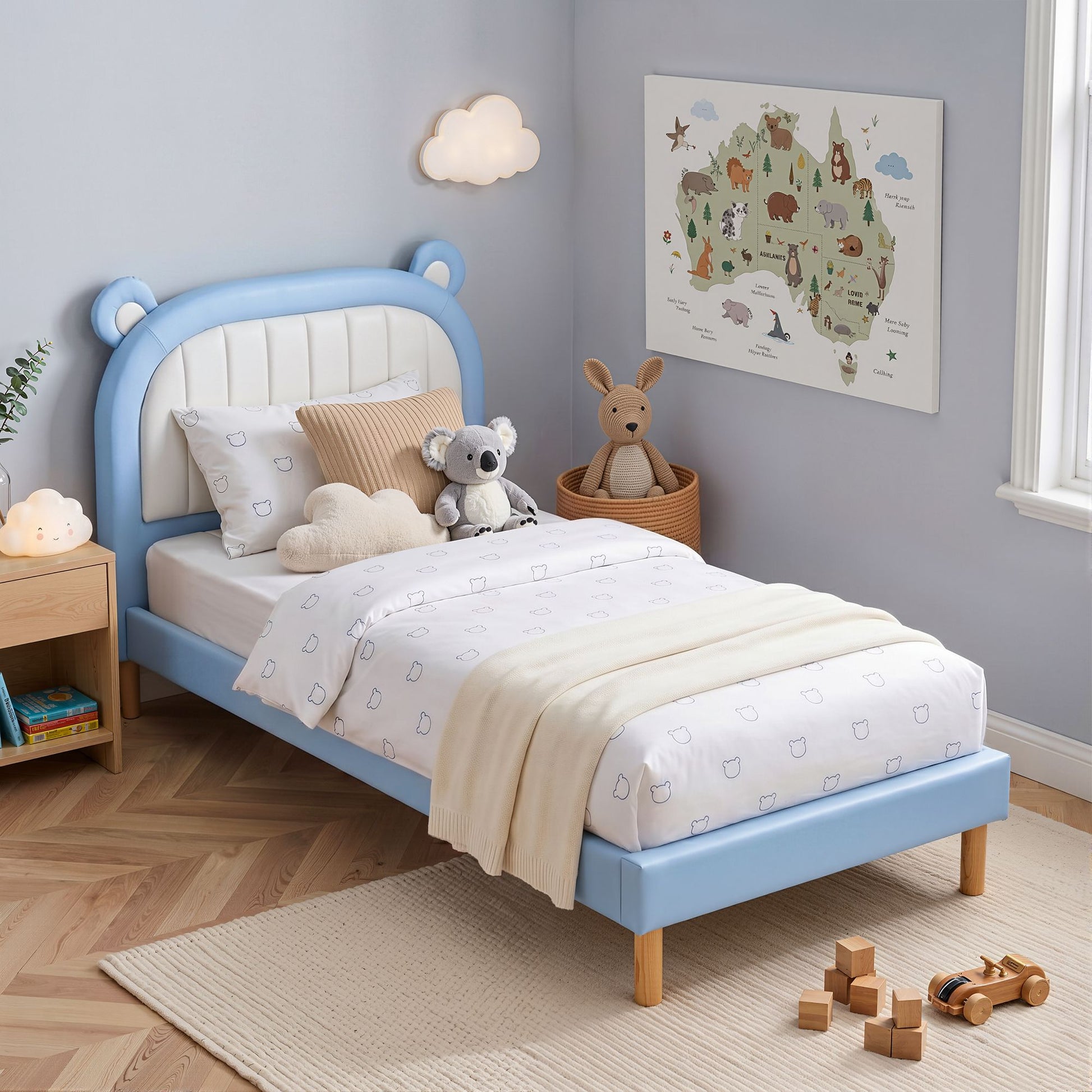 Artiss Kids King Single Bed Frame Upholstered Bear Headboard Waterproof Leather Boys Bed 180kg Capacity Blue and White - Homecoze