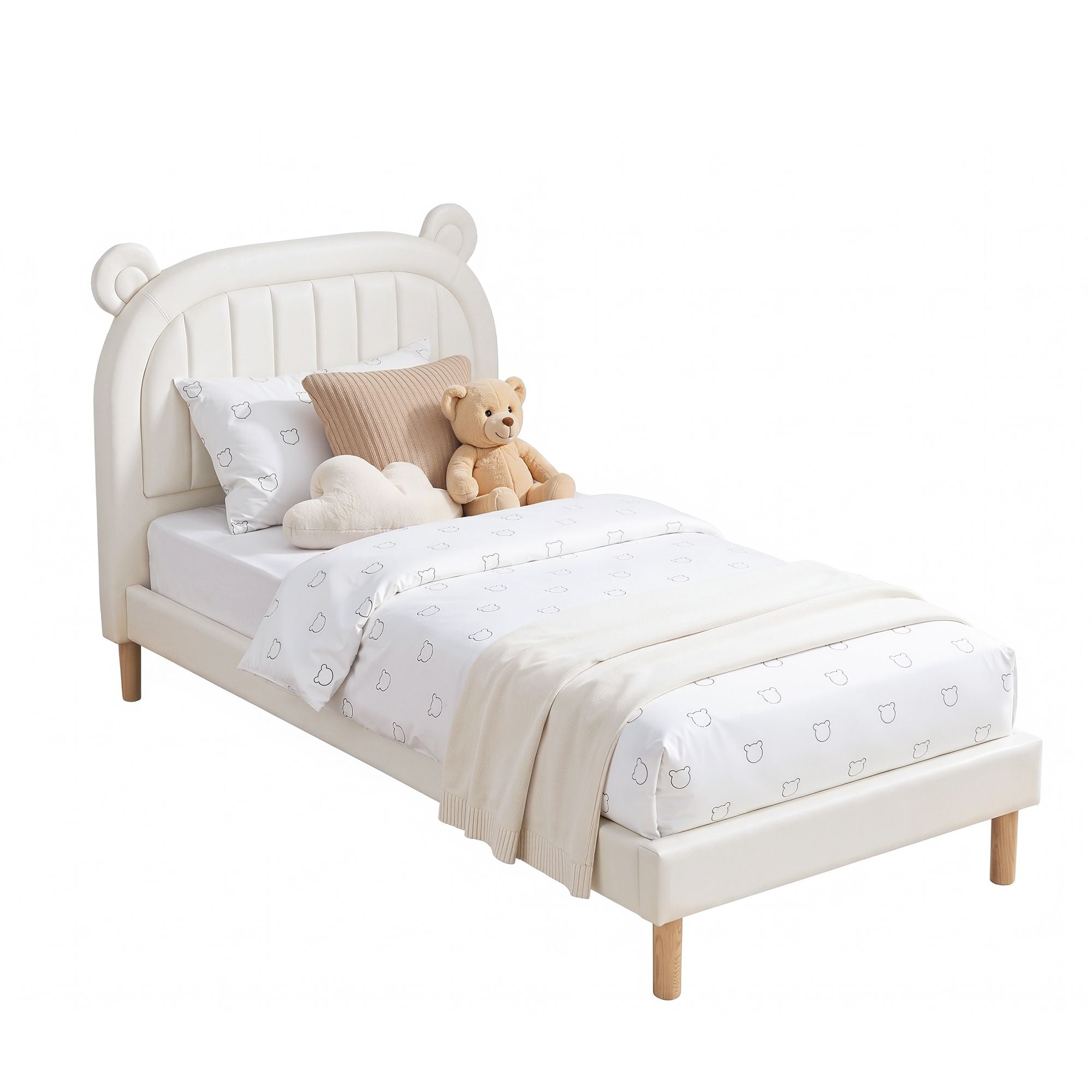 Artiss Kids King Single Bed Frame Bear Ears Headboard Upholstered Leather Platform Bed for Child - Homecoze