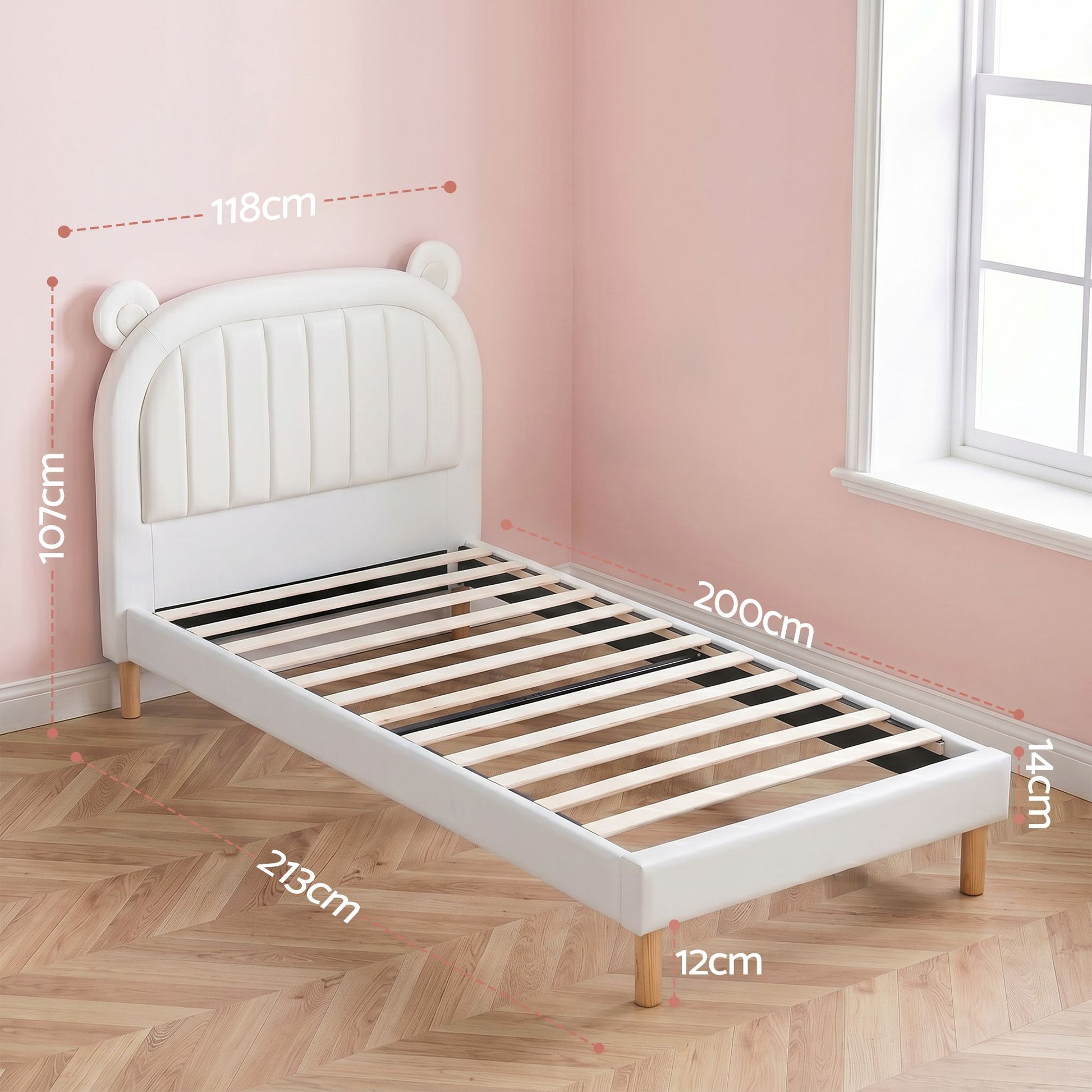 Artiss Kids King Single Bed Frame Bear Ears Headboard Upholstered Leather Platform Bed for Child - Homecoze