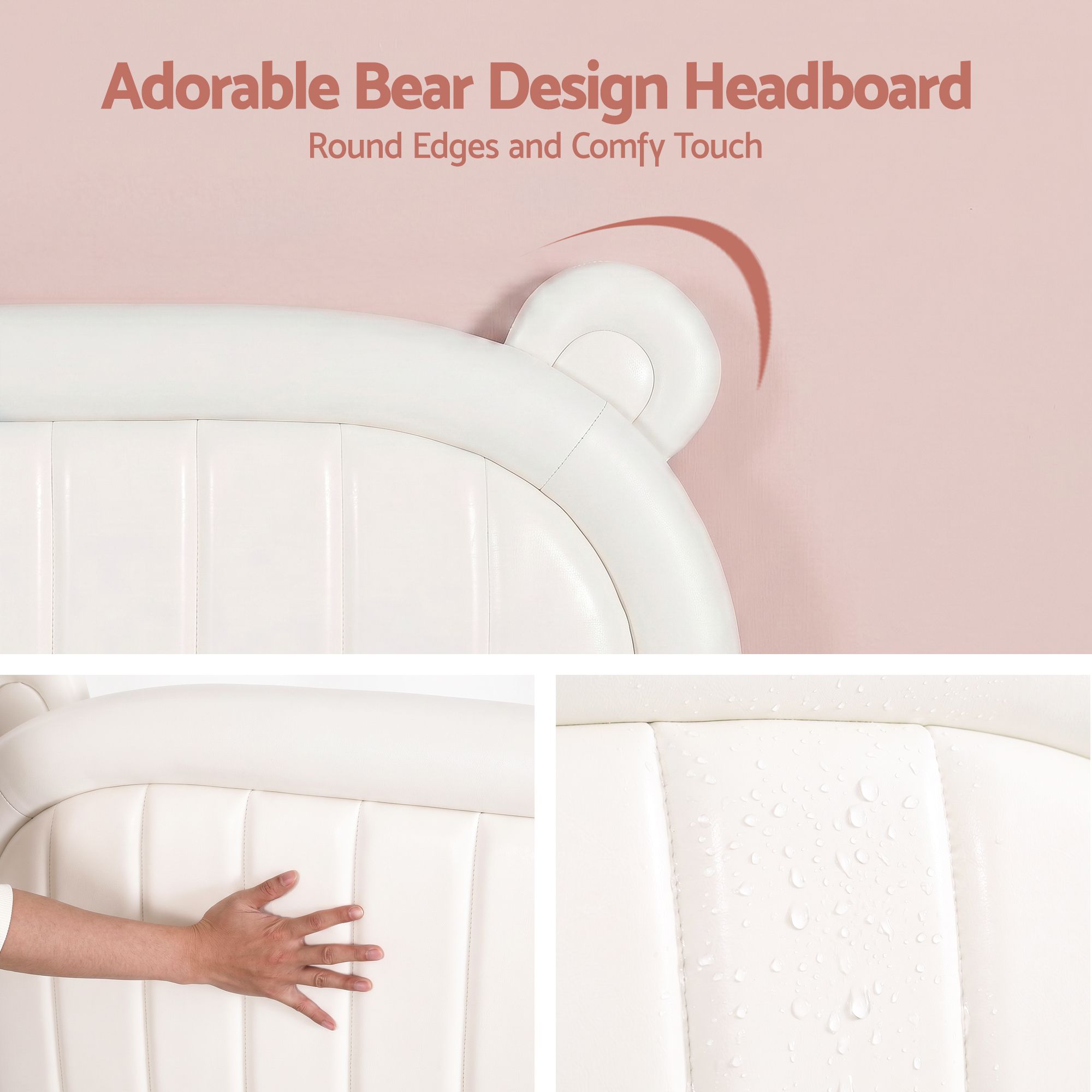 Artiss Kids King Single Bed Frame Bear Ears Headboard Upholstered Leather Platform Bed for Child - Homecoze