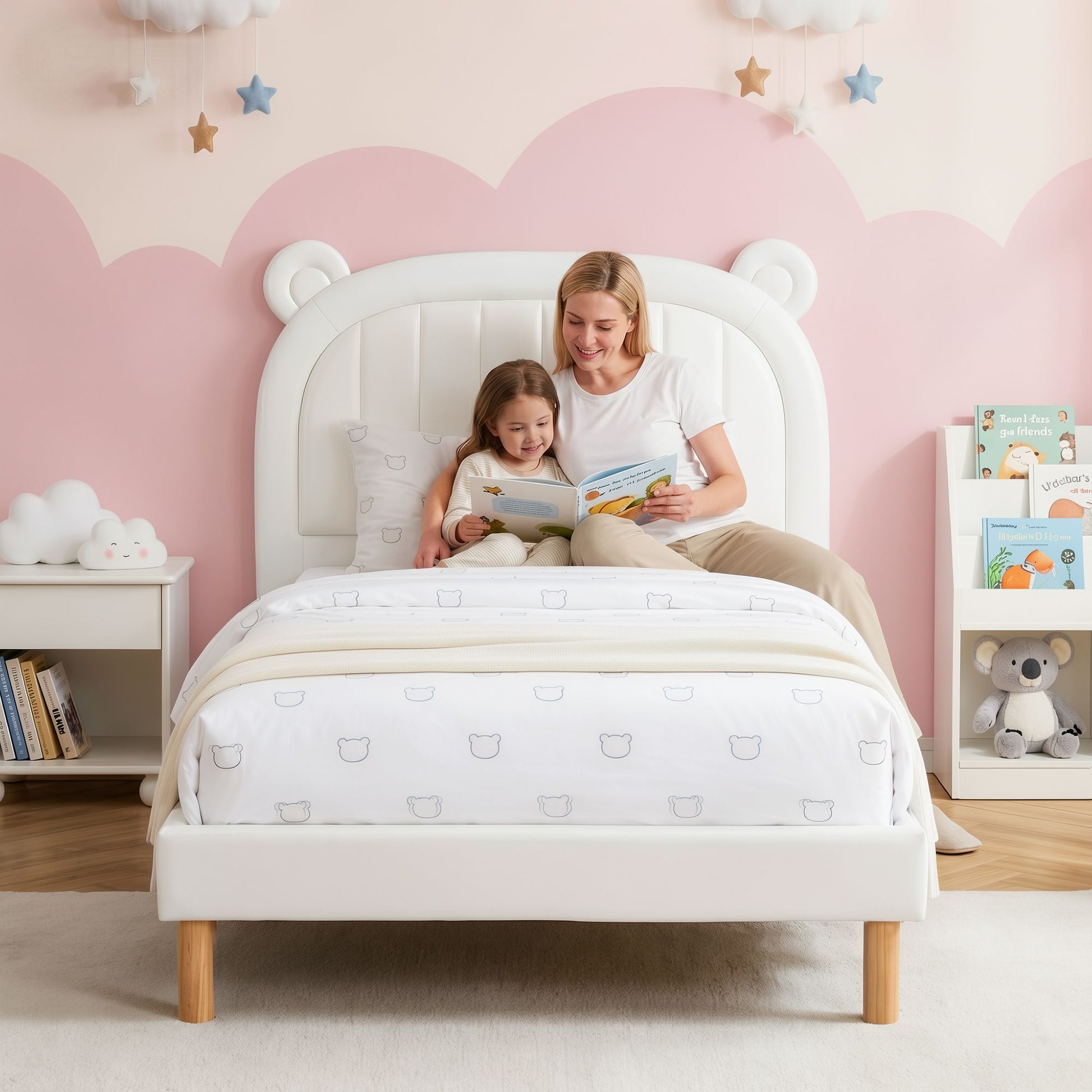 Artiss Kids King Single Bed Frame Bear Ears Headboard Upholstered Leather Platform Bed for Child - Homecoze