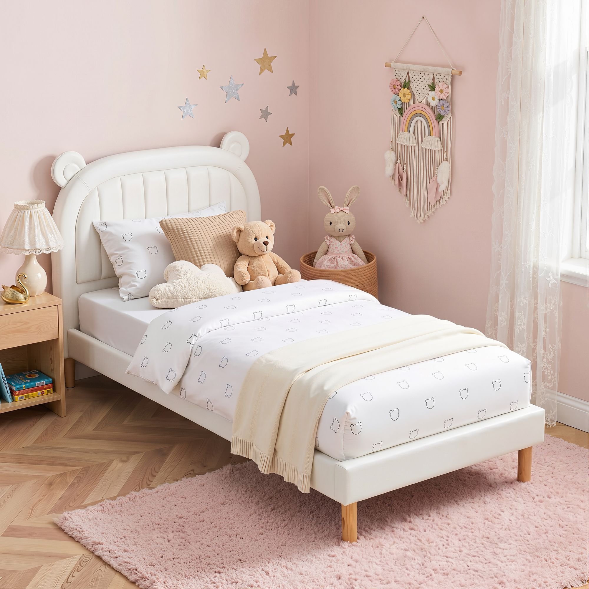 Artiss Kids King Single Bed Frame Bear Ears Headboard Upholstered Leather Platform Bed for Child - Homecoze