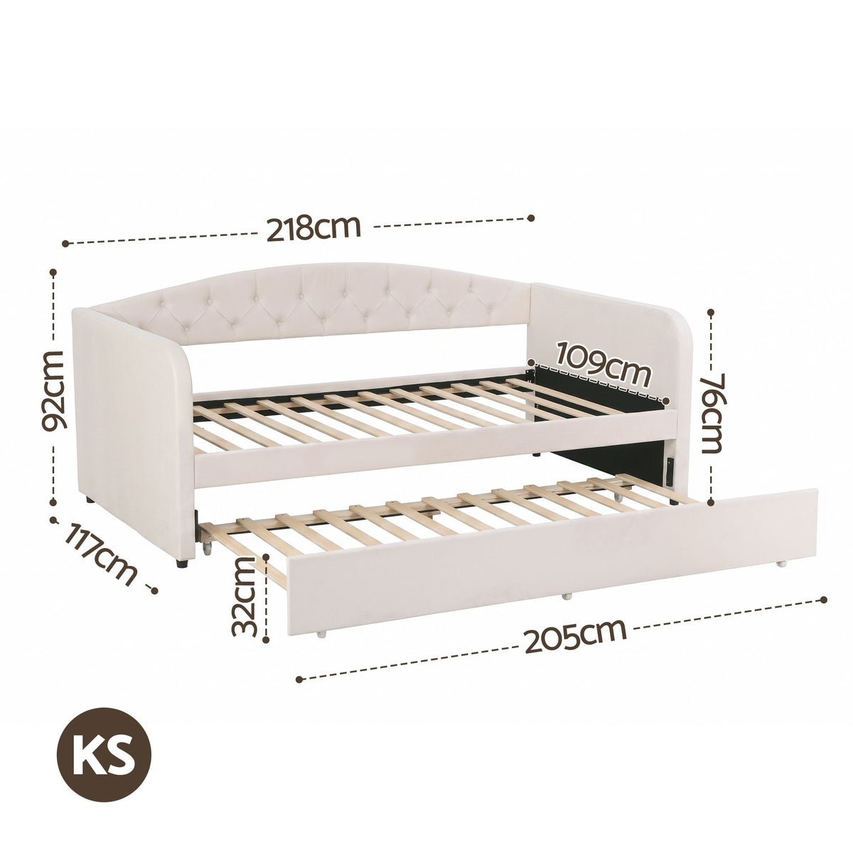Artiss King Single Daybed Velvet Trundle Bed Frame Tufted Guest Bed - Homecoze