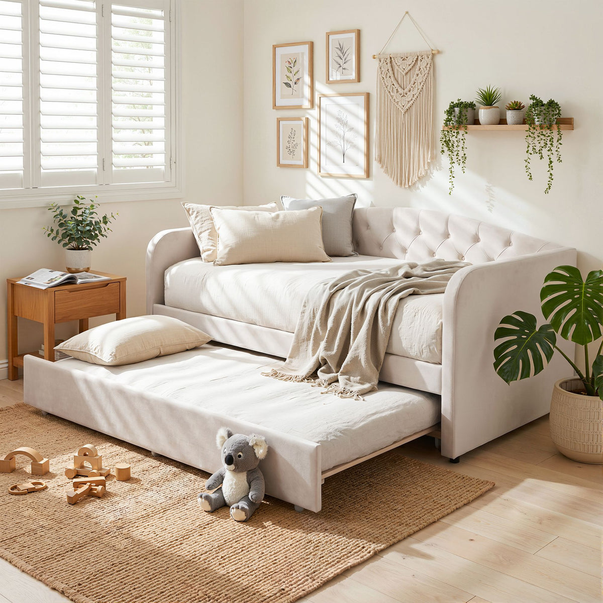 Artiss King Single Daybed Velvet Trundle Bed Frame Tufted Guest Bed - Homecoze