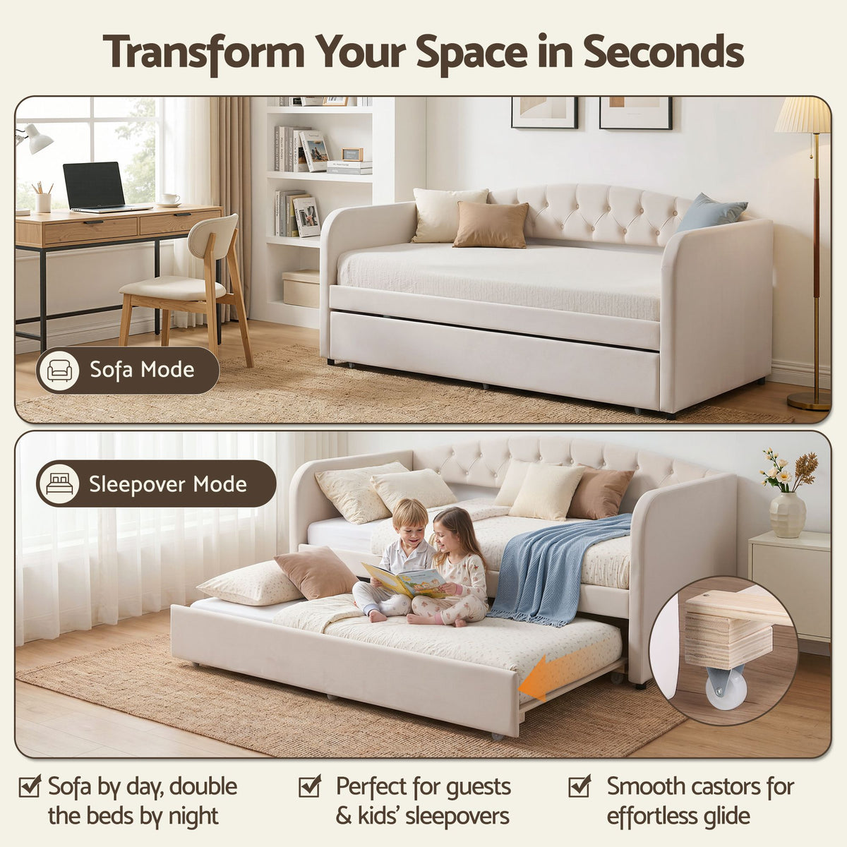 Artiss Single Daybed Velvet Trundle Bed Frame Tufted Guest Bed - Homecoze