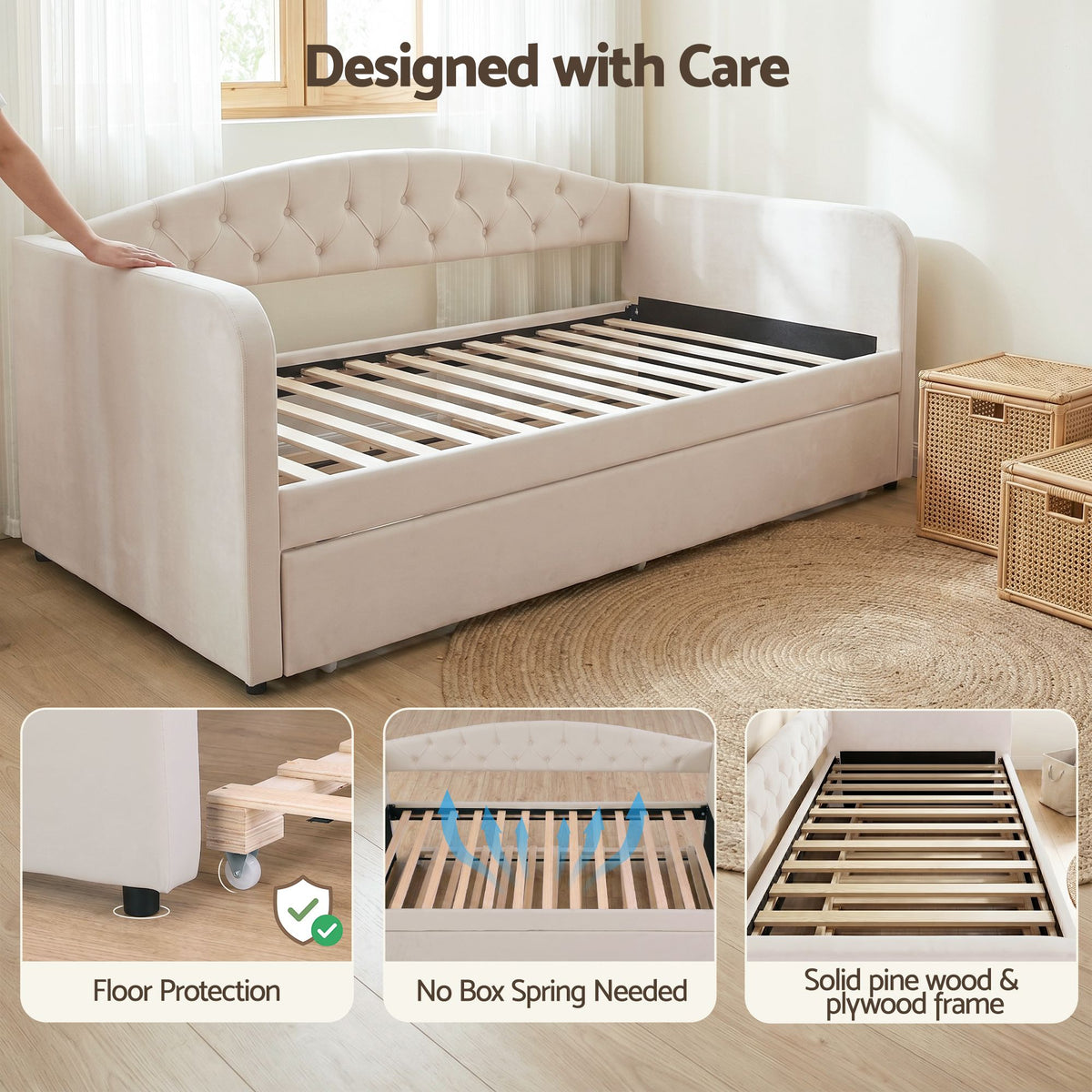 Artiss Single Daybed Velvet Trundle Bed Frame Tufted Guest Bed - Homecoze