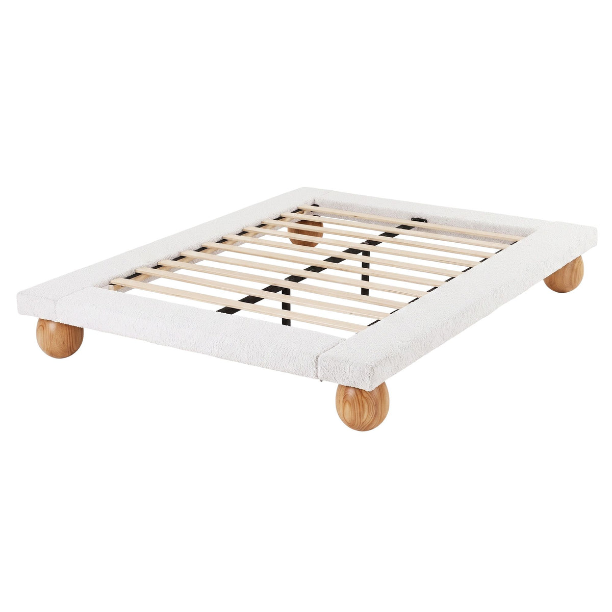 Mira (Queen) Low Profile Bouclé Bed Frame – White/Beige