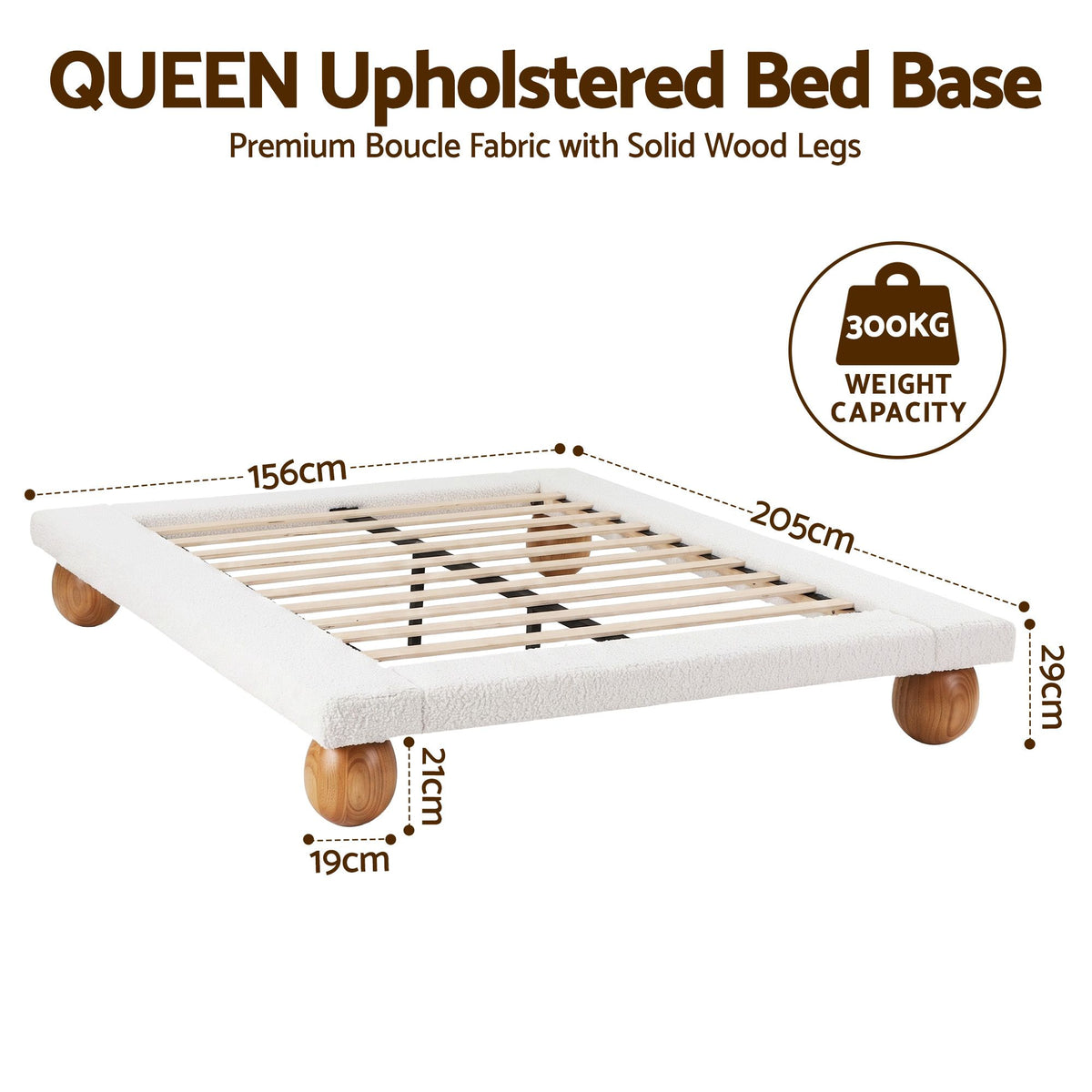 Mira (Queen) Low Profile Bouclé Bed Frame – White/Beige