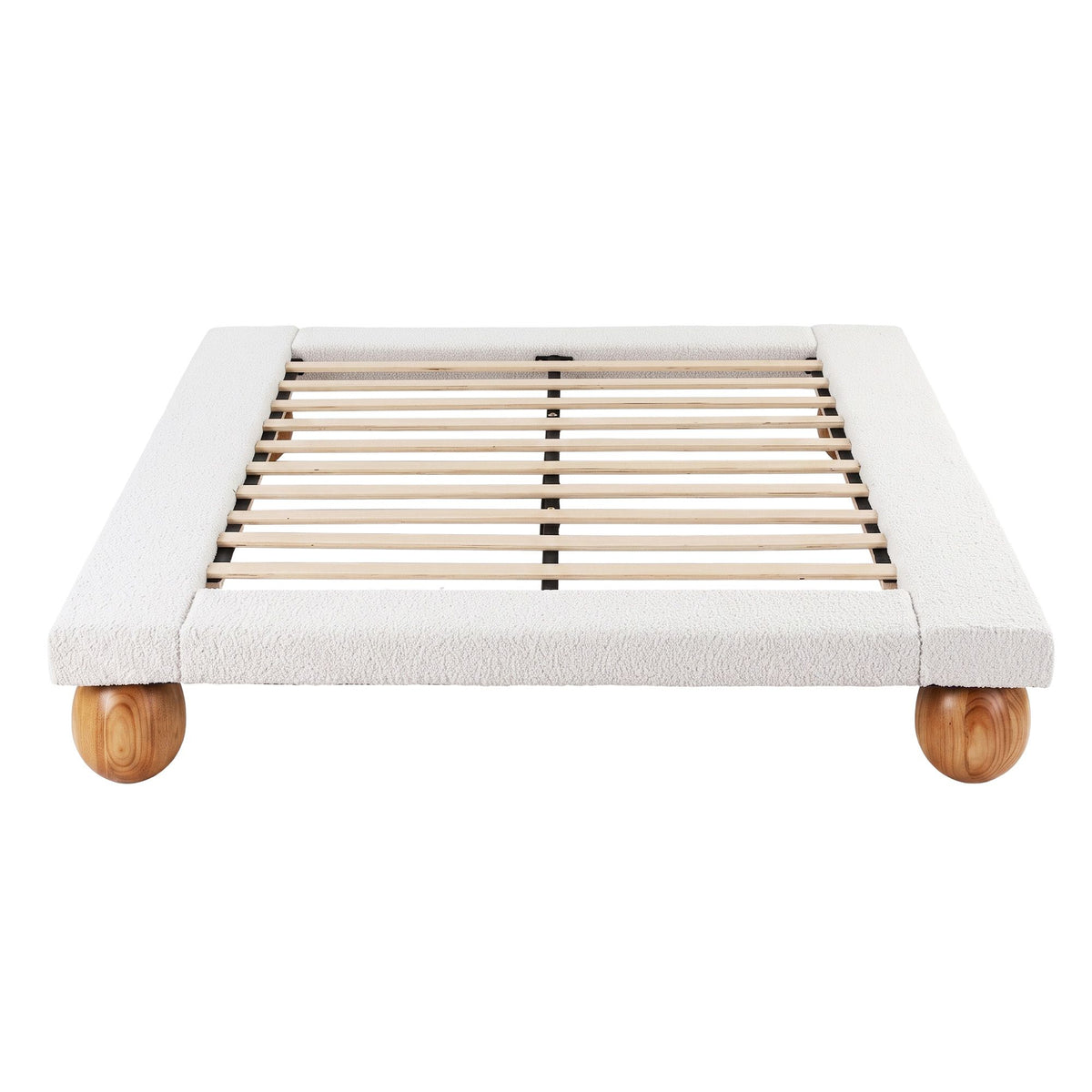 Mira (Queen) Low Profile Bouclé Bed Frame – White/Beige