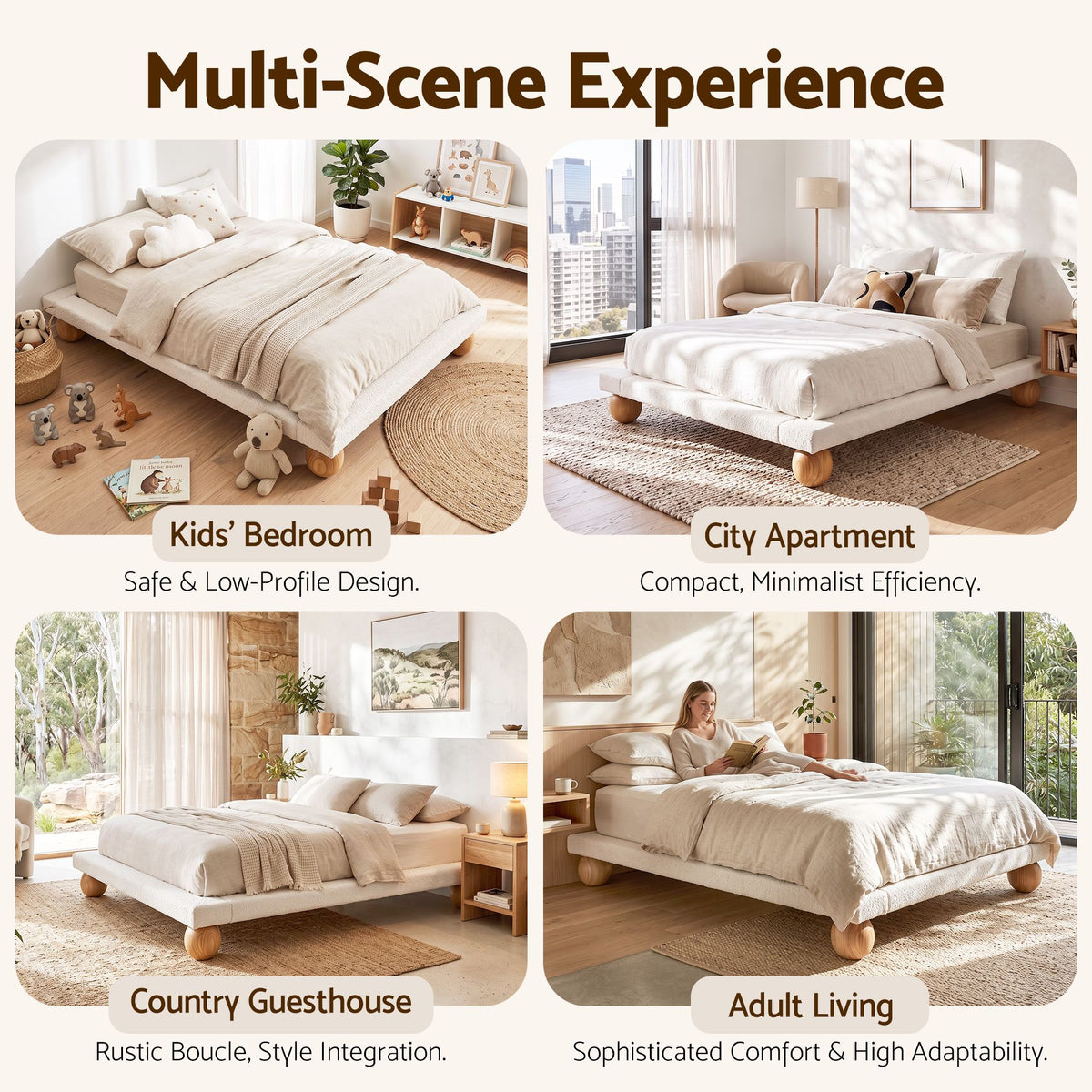 Mira (Queen) Low Profile Bouclé Bed Frame – White/Beige