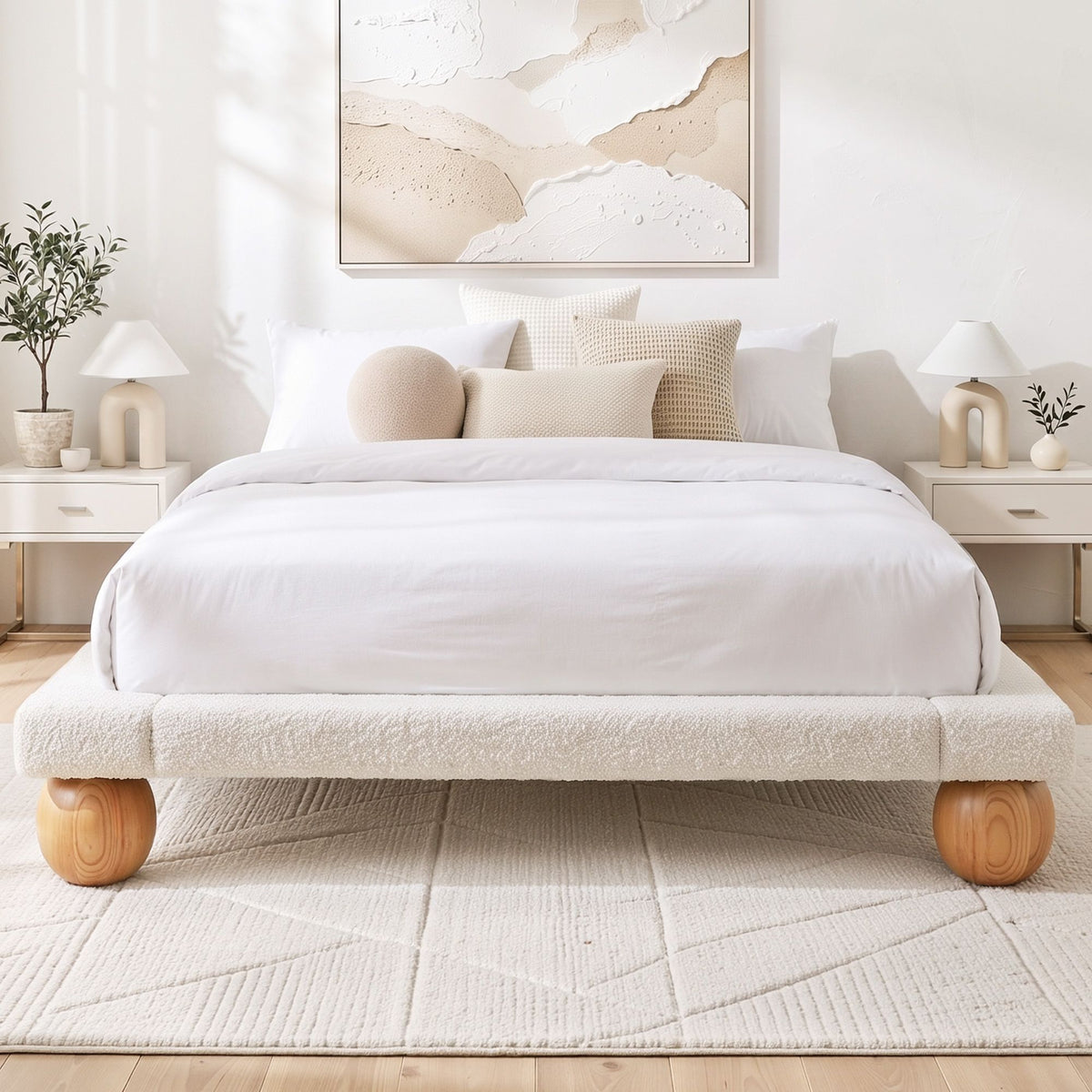 Mira (Queen) Low Profile Bouclé Bed Frame – White/Beige