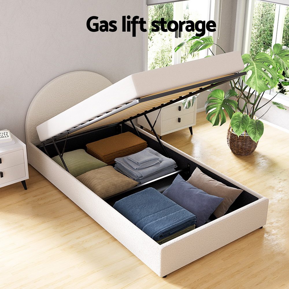 Sierra (King Single) Bouclé Gas-Lift Storage Bed Frame - Beige