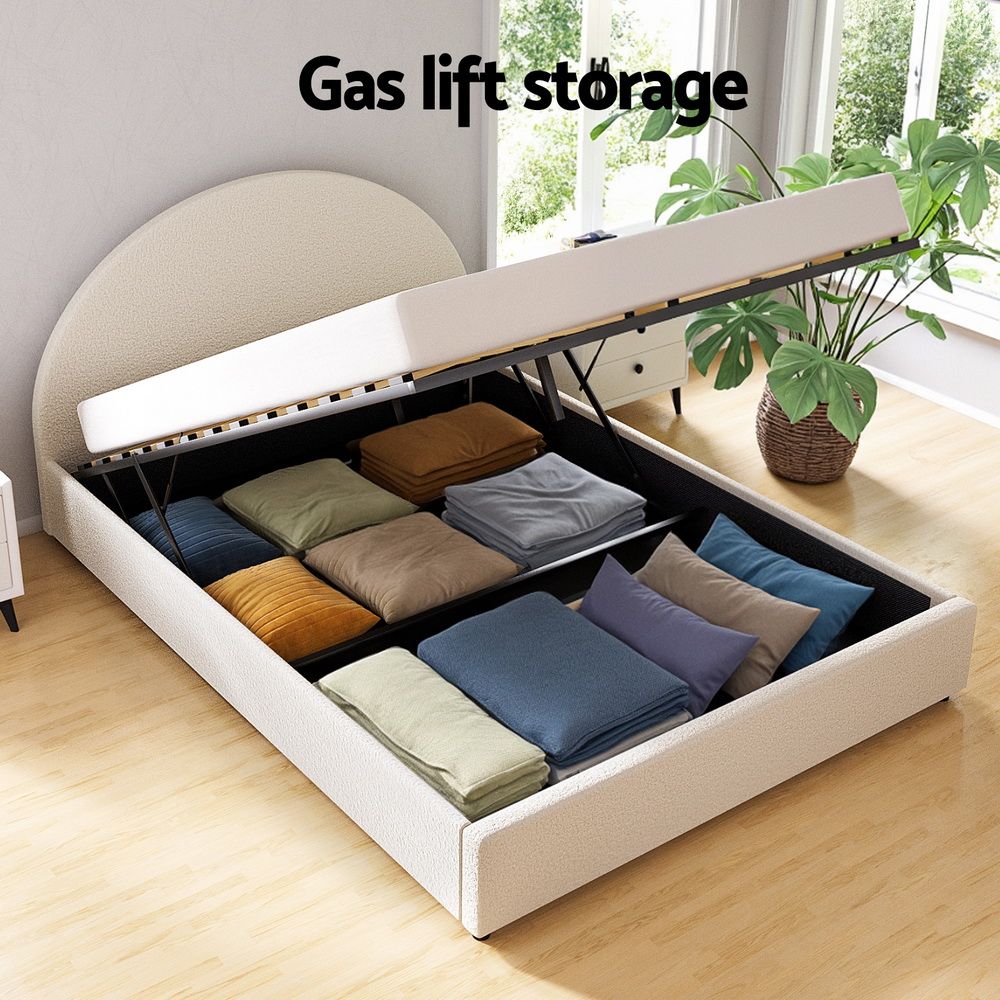 Sierra (Queen) Bouclé Gas-Lift Storage Bed Frame - Beige