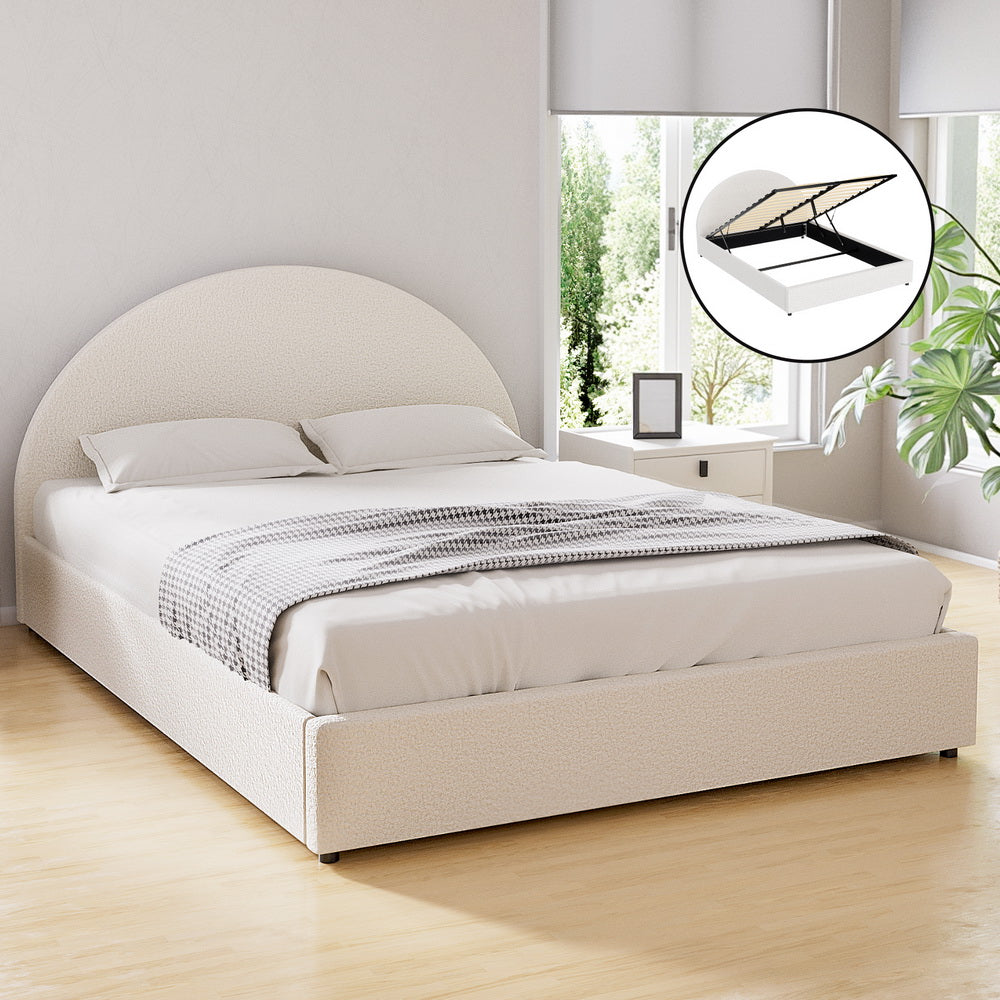 Sierra (Queen) Bouclé Storage Bed Frame - Beige - Homecoze