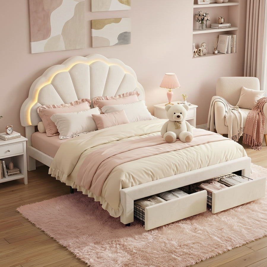 Artiss Double Bed Frame with 2 Storage Drawers Upholstered Velvet Platform Bed LED Headboard - Homecoze