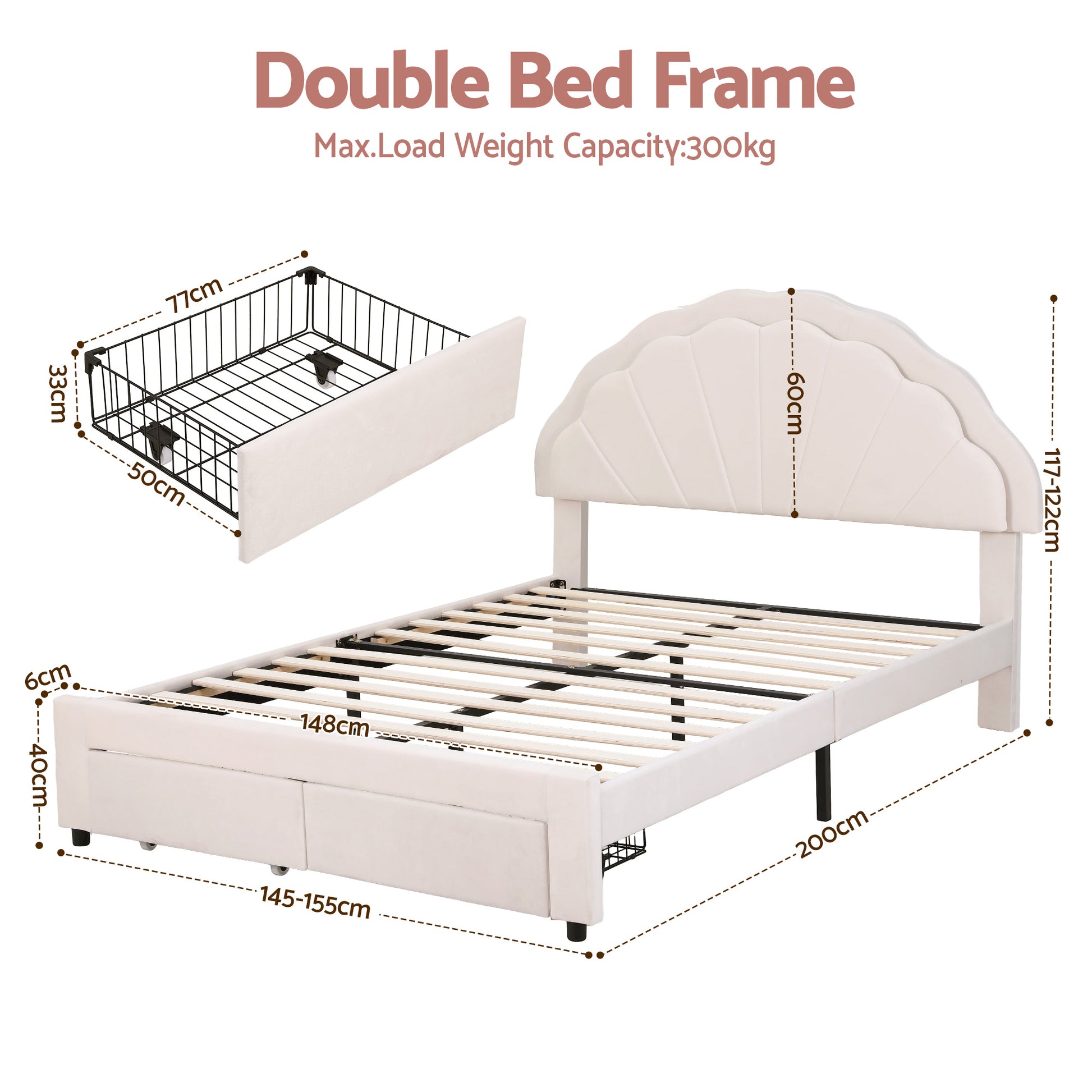 Artiss Double Bed Frame with 2 Storage Drawers Upholstered Velvet Platform Bed LED Headboard - Homecoze
