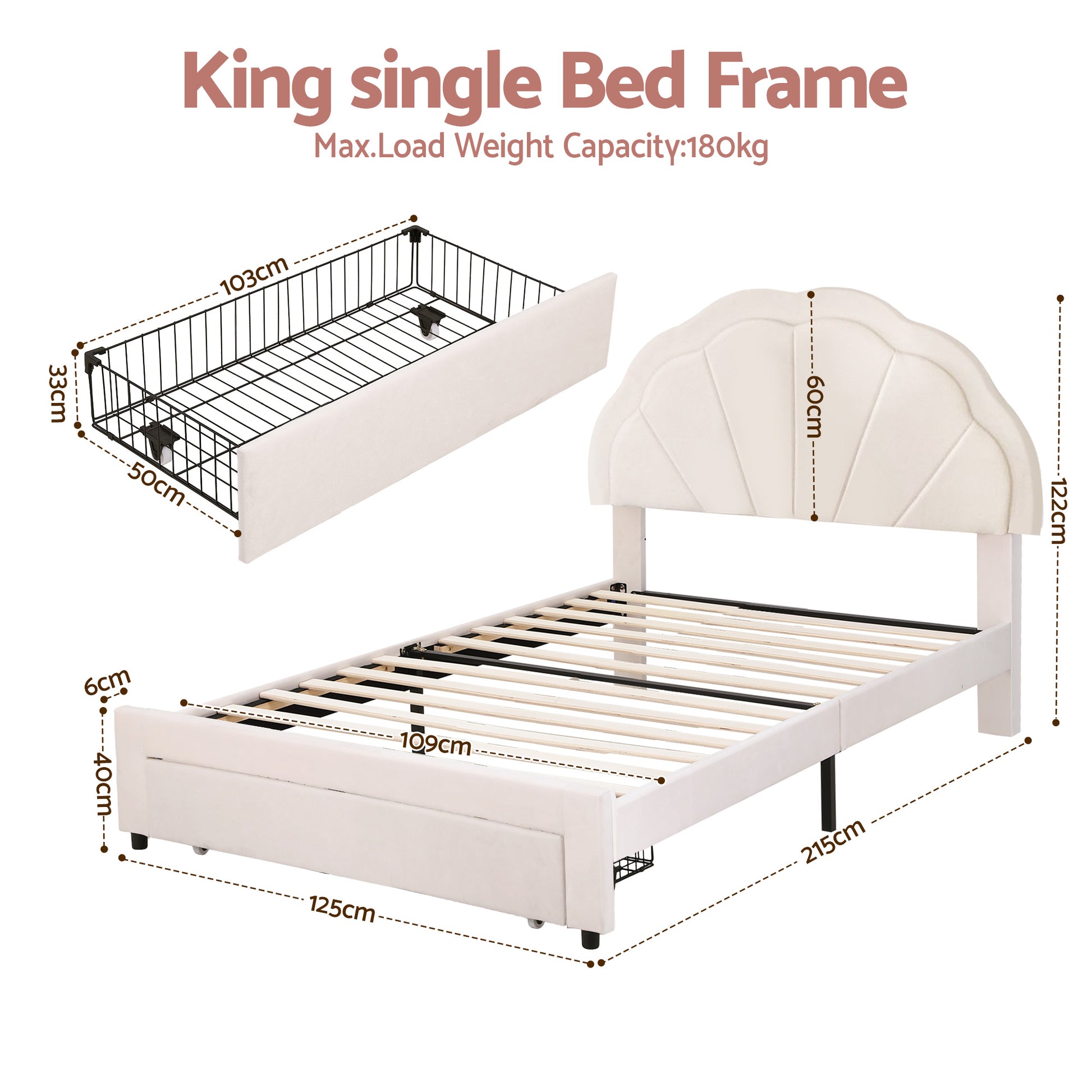 Artiss King Single Bed Frame with Storage Drawer Upholstered Velvet Platform Bed LED Headboard - Homecoze