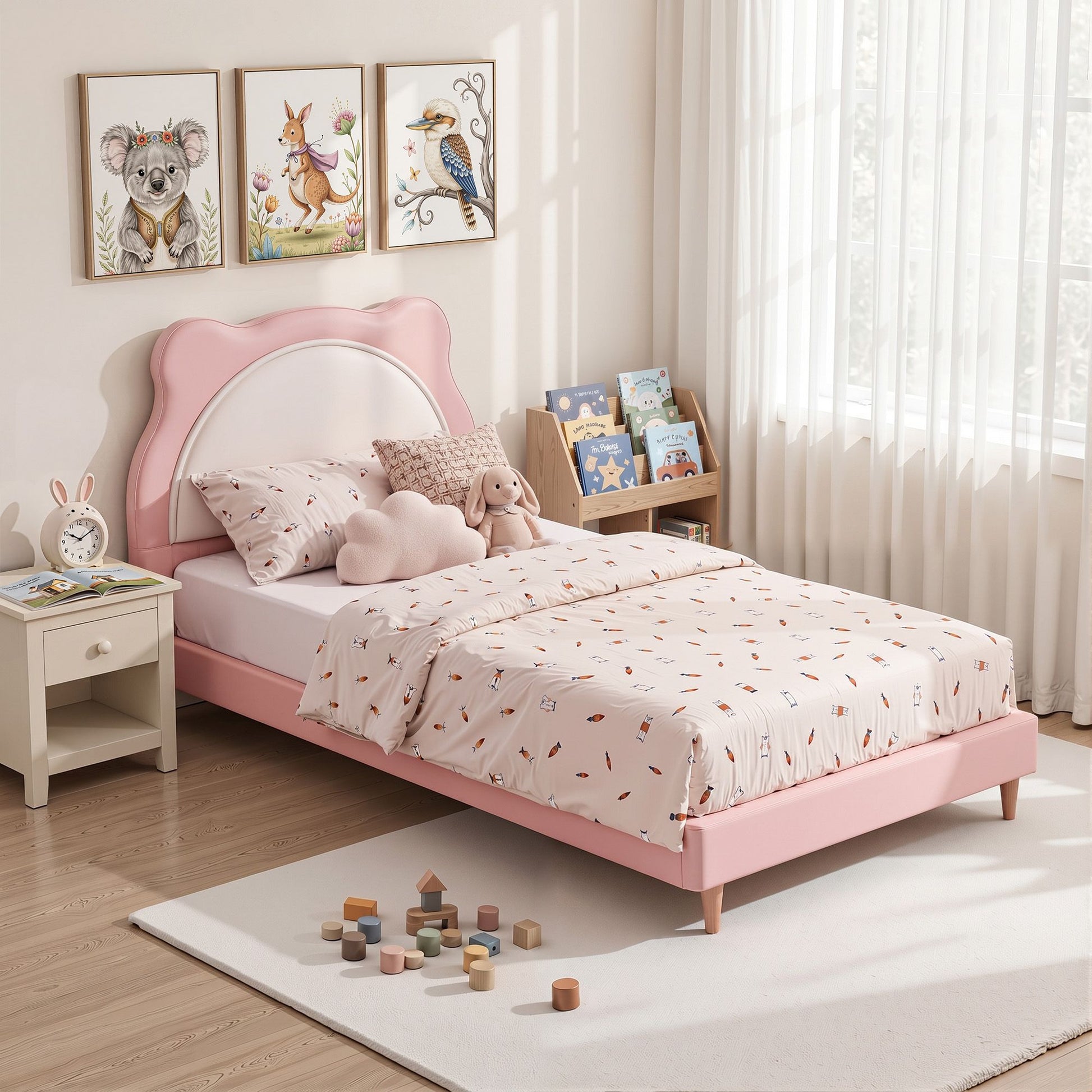 Artiss King Single Pink Kids Bed Frame for Girls Bedroom Cute Animal Upholstered - Homecoze