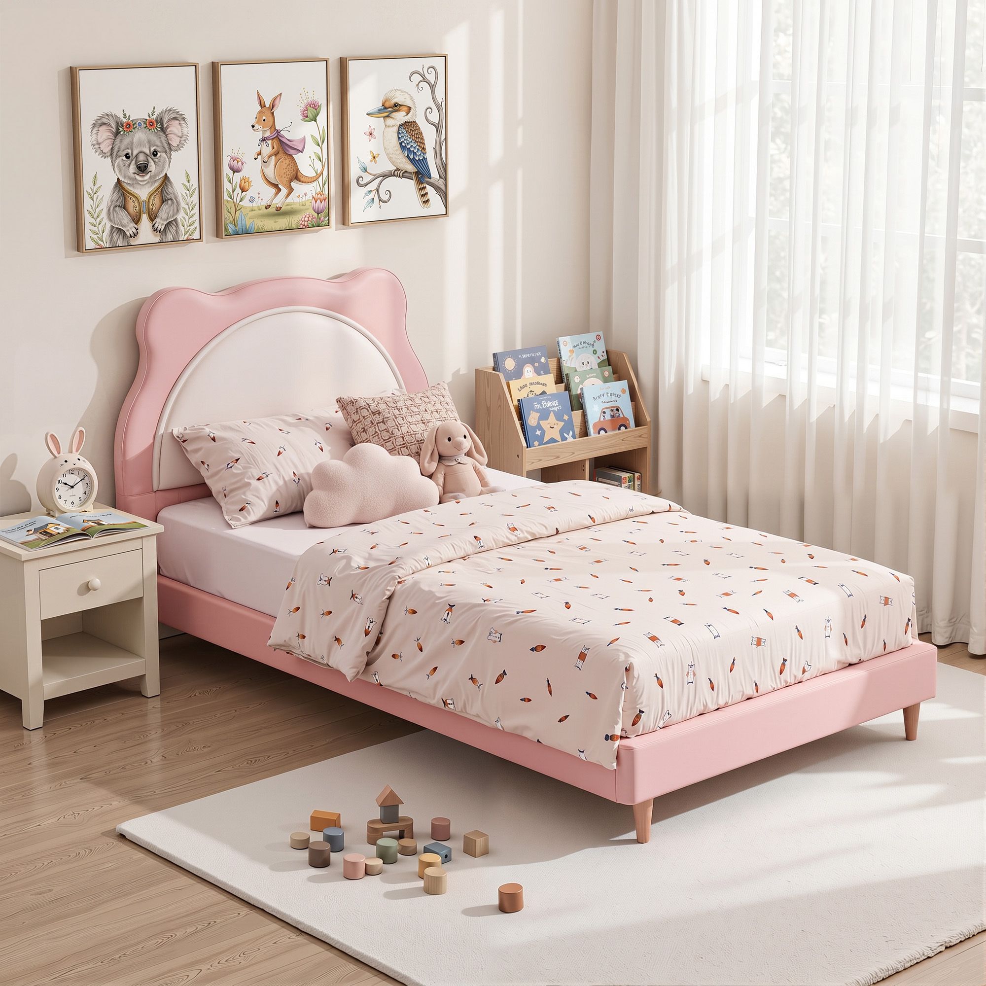 Artiss King Single Pink Kids Bed Frame for Girls Bedroom Cute Animal Upholstered - Homecoze