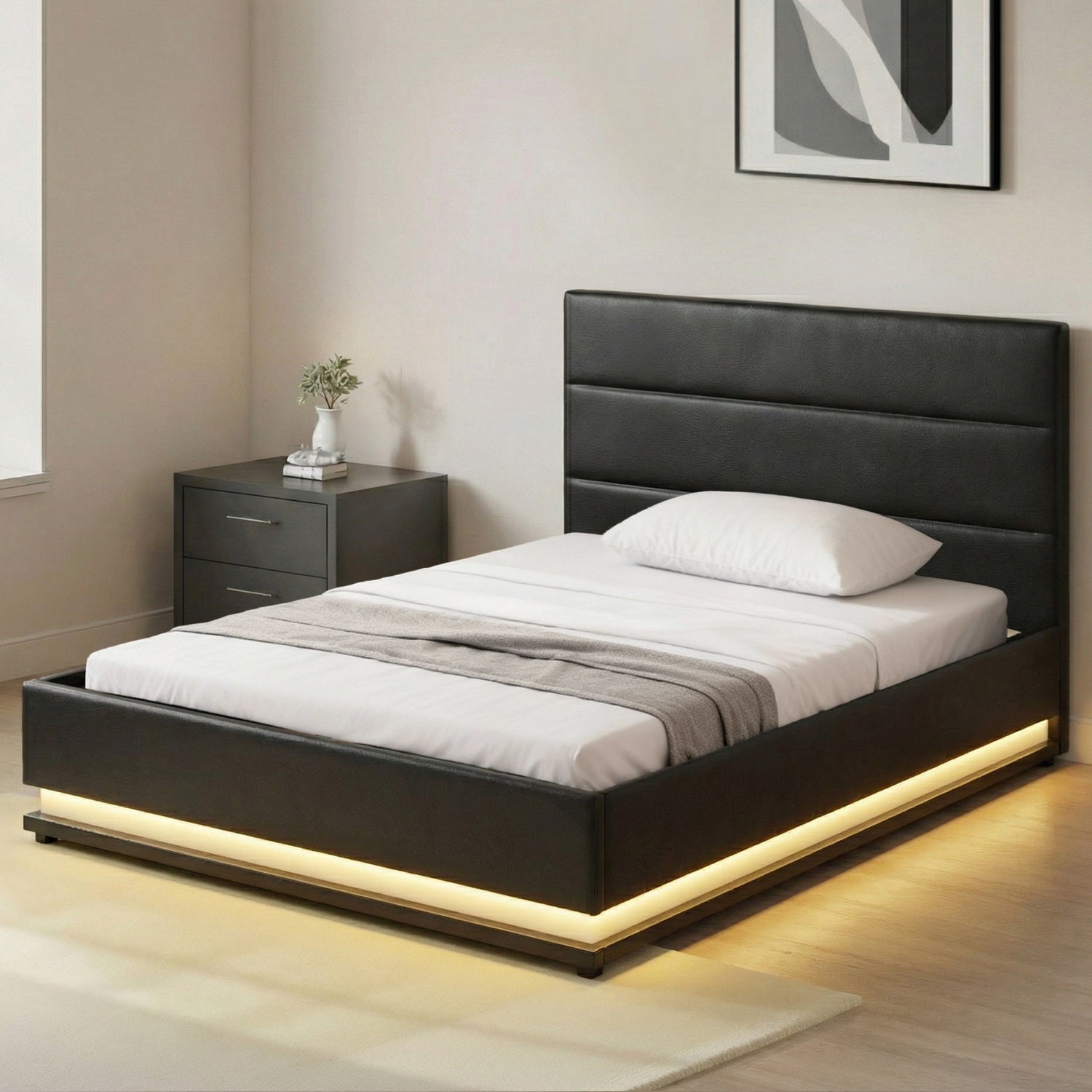 Miami (King Single) LED Gas-Lift Storage Bed Frame - Black - Homecoze