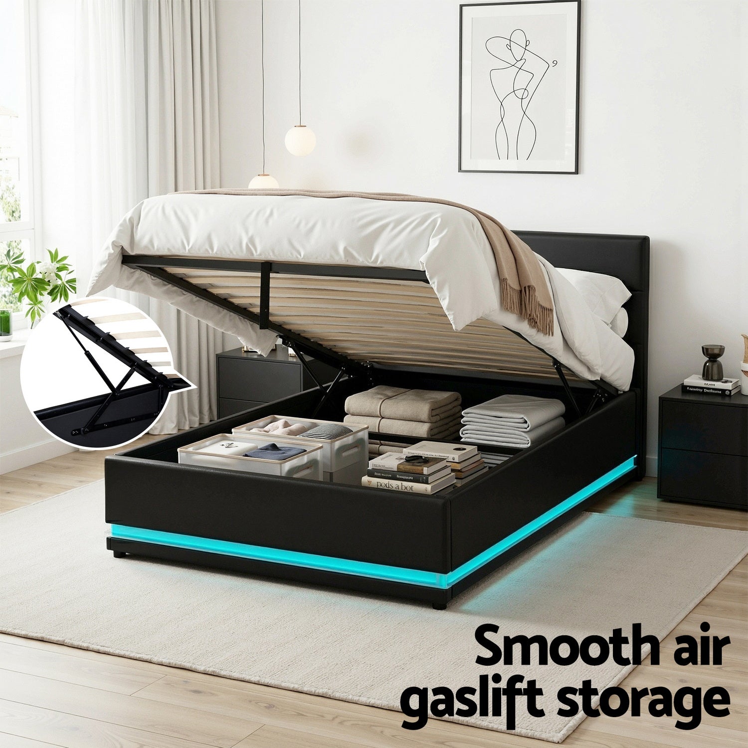 Miami (King Single) LED Gas-Lift Storage Bed Frame - Black - Homecoze