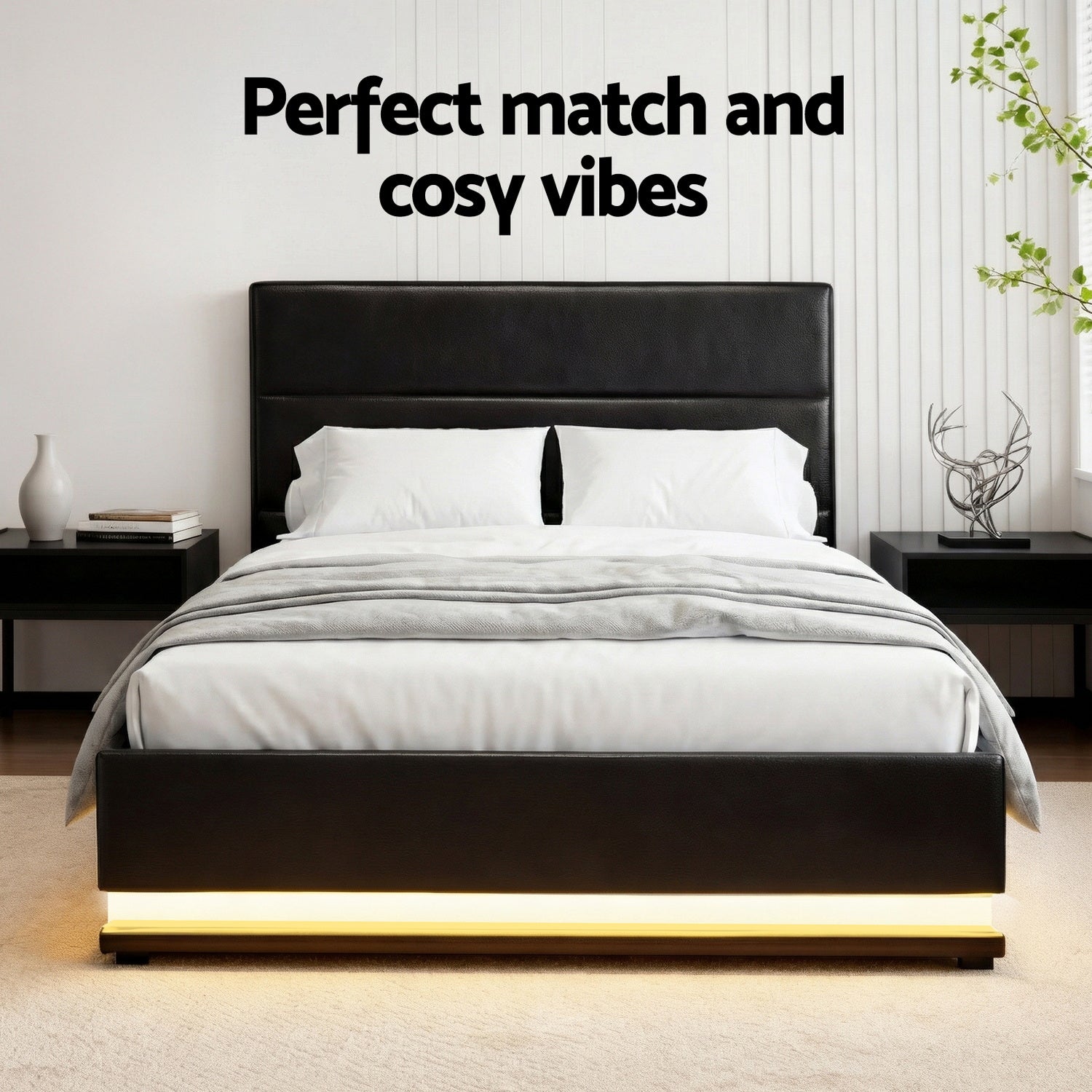 Miami (King Single) LED Gas-Lift Storage Bed Frame - Black - Homecoze
