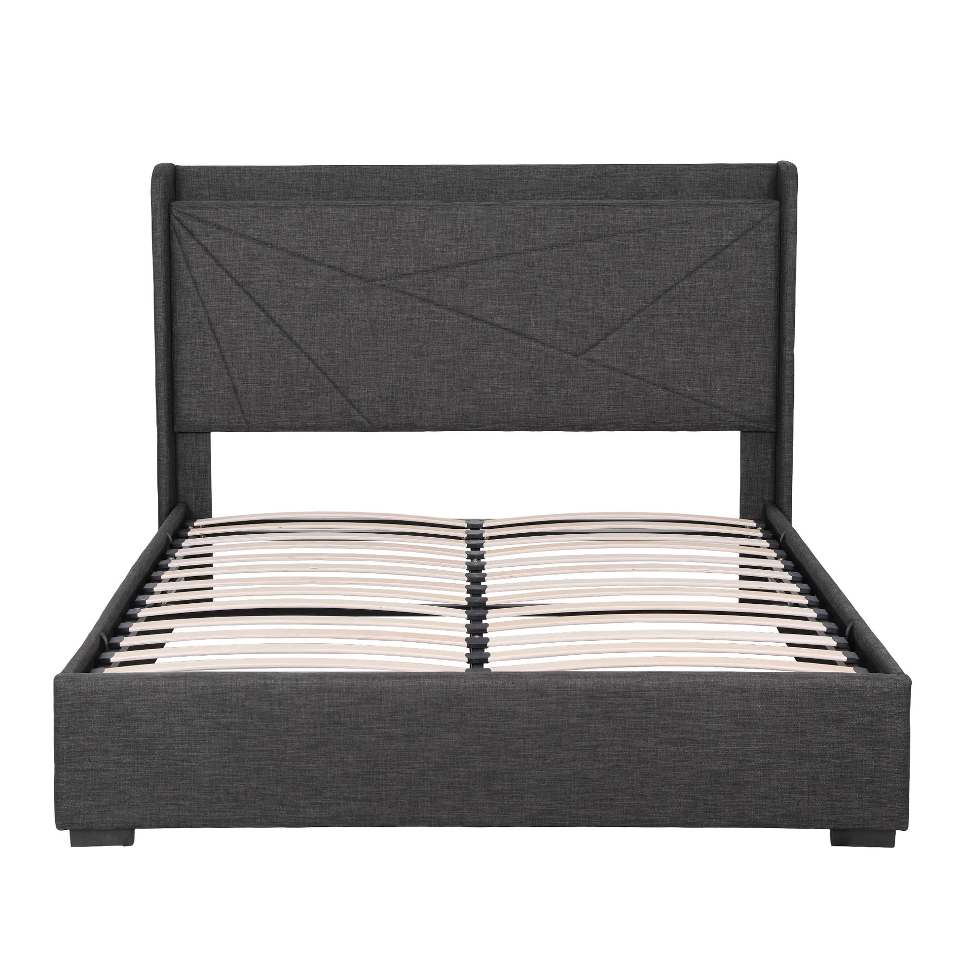 Artiss Double Bed Frame Gas Lift Storage Bed with Charging Ports Upholstered Geometric Headboard Charcoal Grey - Homecoze