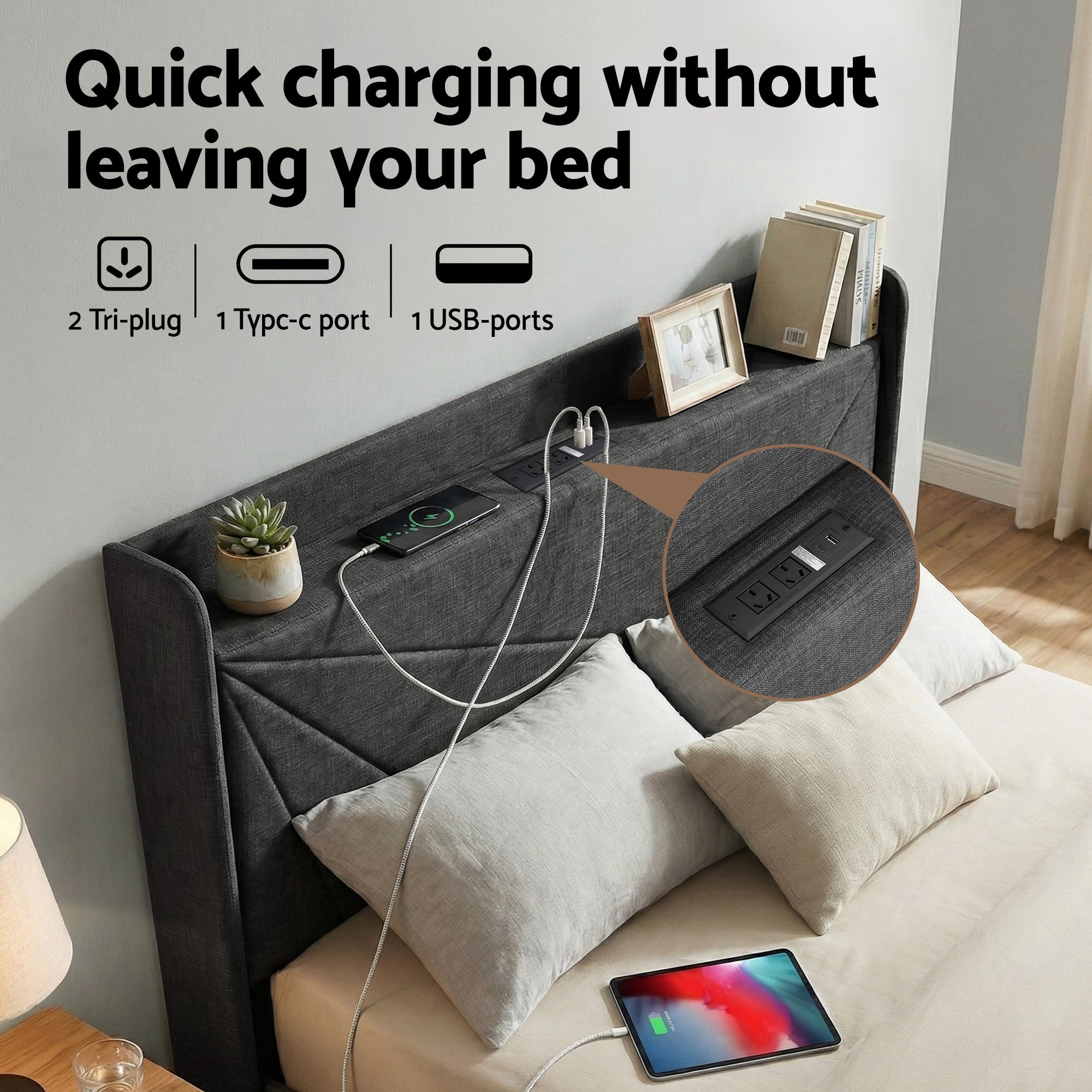 Artiss Double Bed Frame Gas Lift Storage Bed with Charging Ports Upholstered Geometric Headboard Charcoal Grey - Homecoze