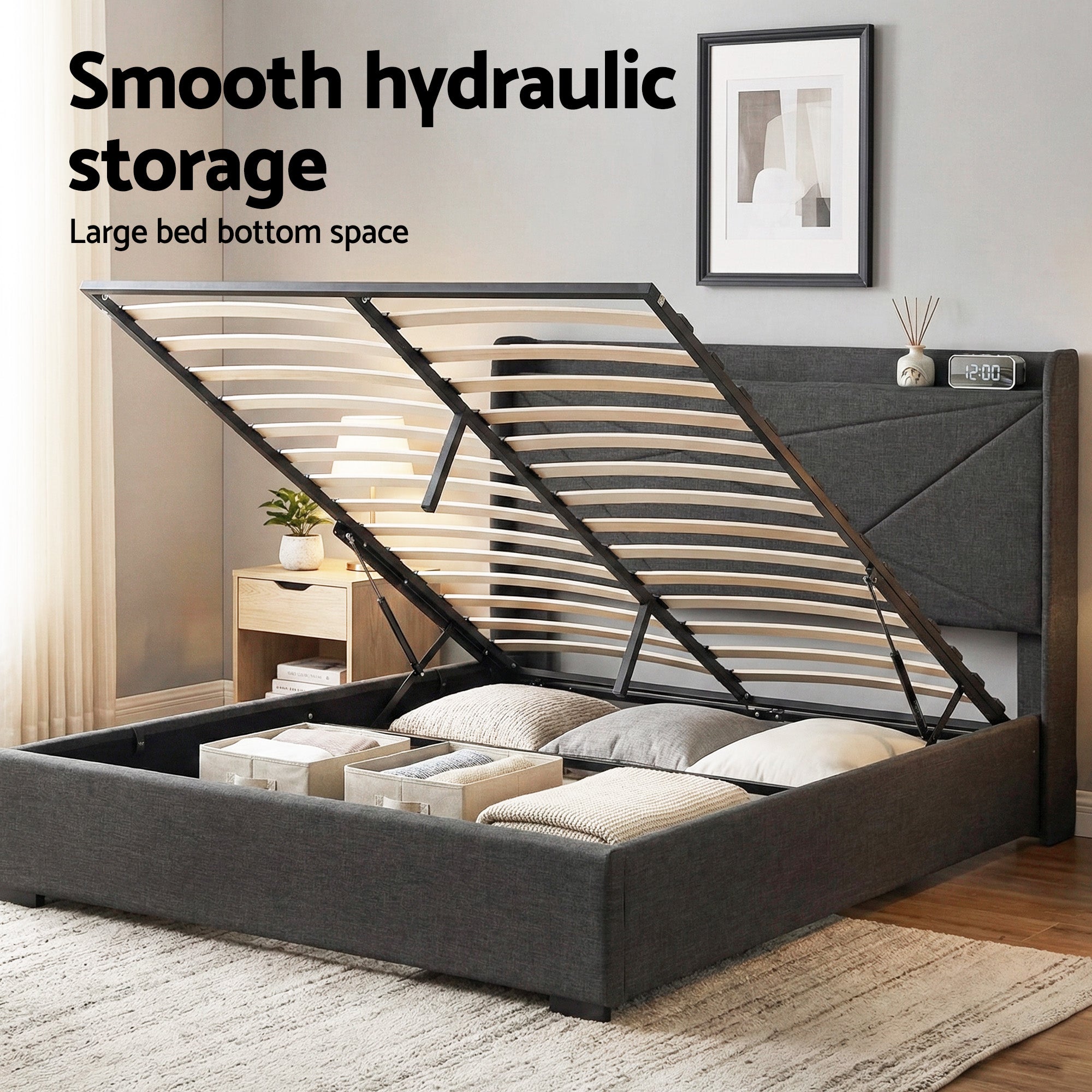 Artiss Double Bed Frame Gas Lift Storage Bed with Charging Ports Upholstered Geometric Headboard Charcoal Grey - Homecoze