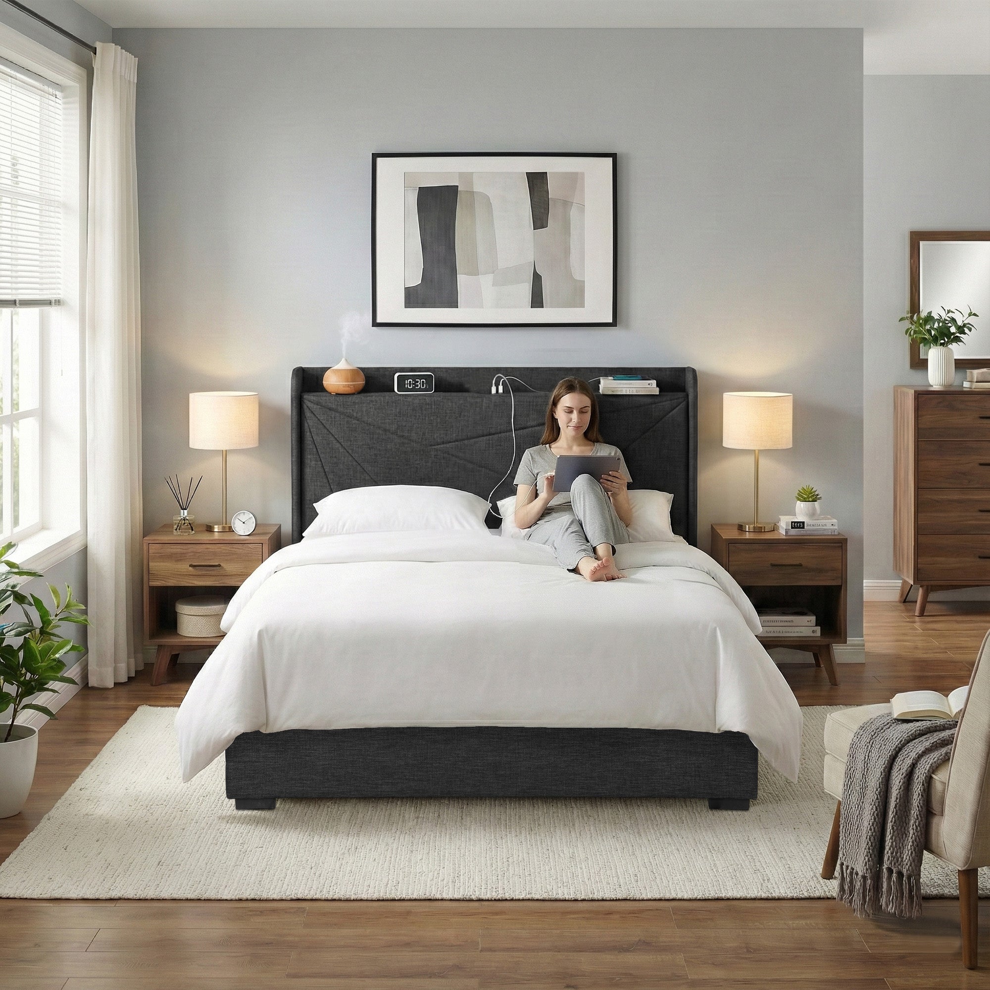 Artiss Double Bed Frame Gas Lift Storage Bed with Charging Ports Upholstered Geometric Headboard Charcoal Grey - Homecoze