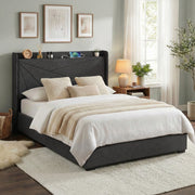 Artiss Double Bed Frame Gas Lift Storage Bed with Charging Ports Upholstered Geometric Headboard Charcoal Grey - Homecoze