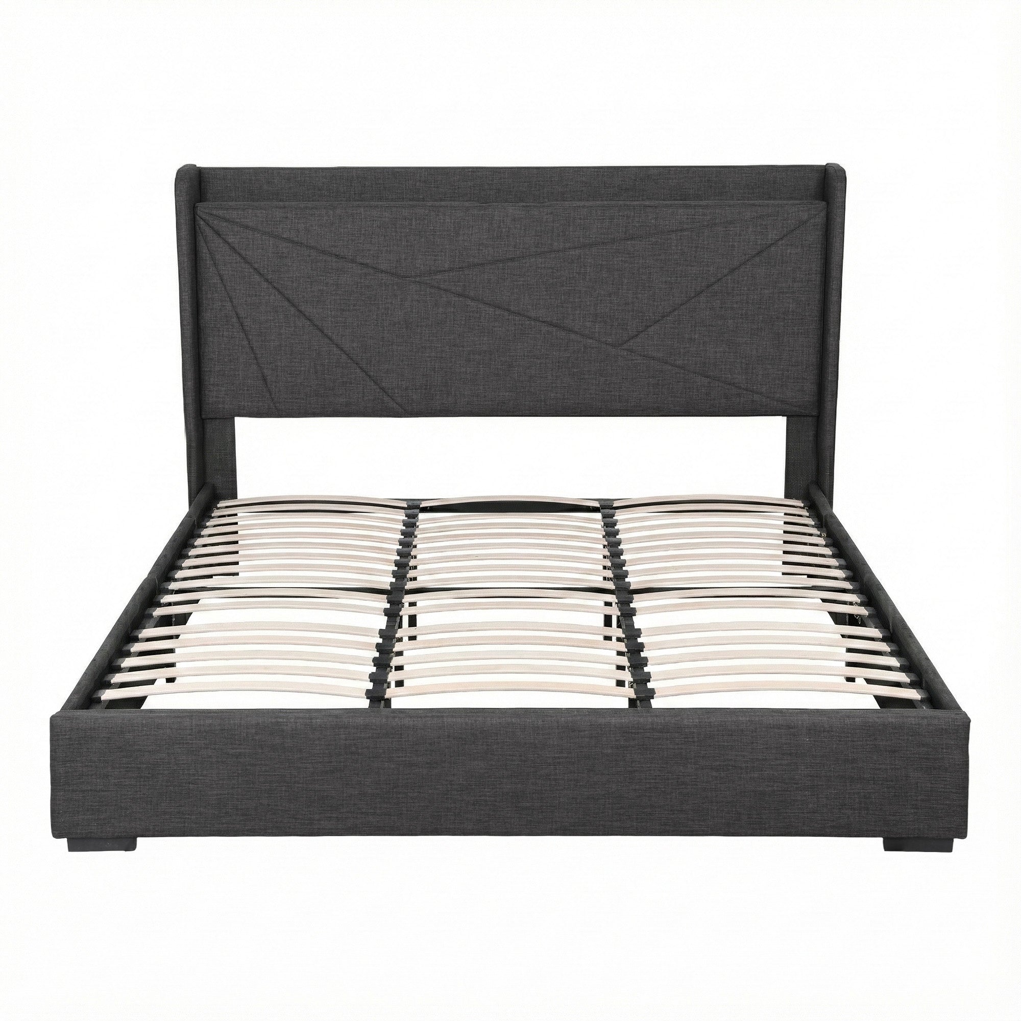 Artiss King Bed Frame Gas Lift Storage Bed with Charging Ports Upholstered Geometric Headboard Charcoal Grey - Homecoze